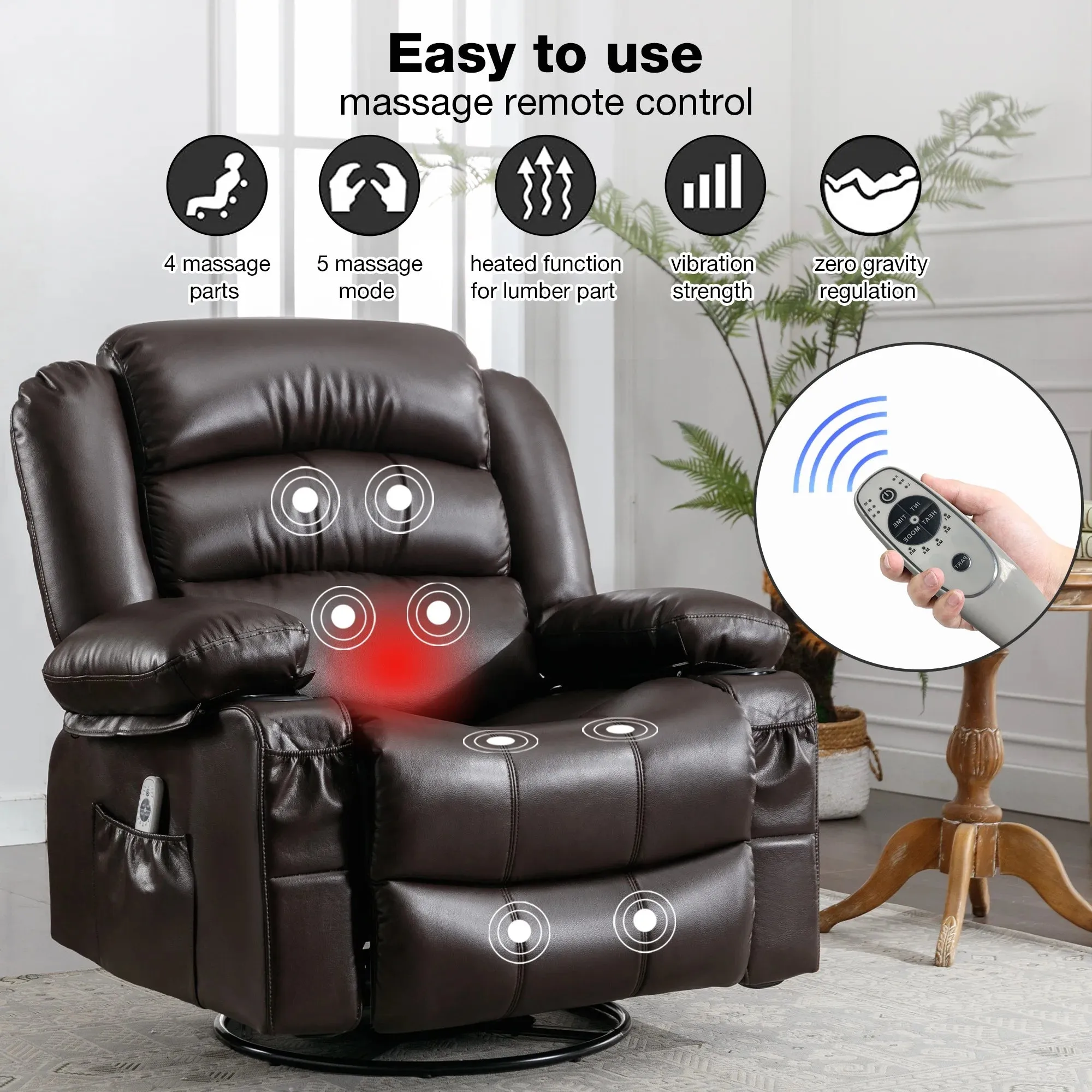 HSUNNS Swivel Rocker Recliner Chair with Heat and Vibration Massage, PU Leather Elderly Reclining Sofa with Cup Holders and Side Pockets, USB Charge Port for Living Room, Home Theater, Brown