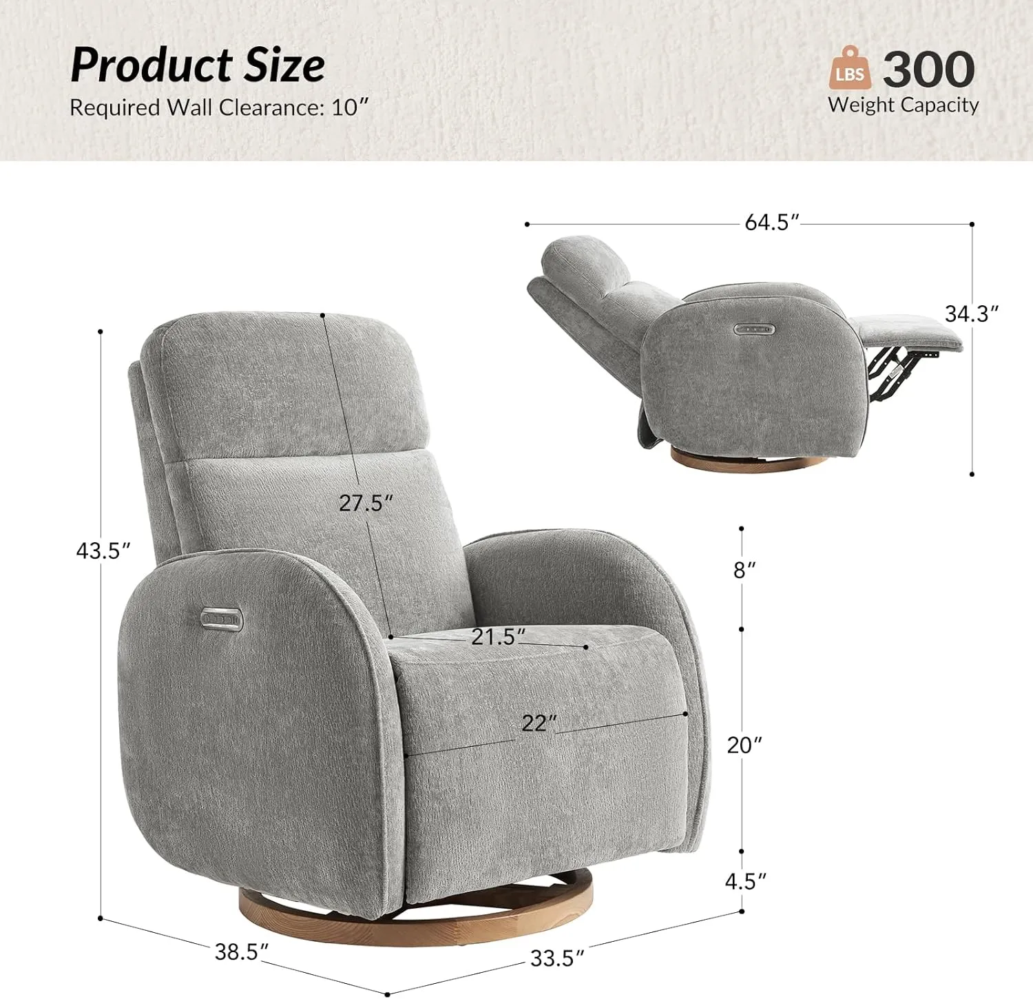 HULALA HOME Glider Recliner Nursery Chair with Adjustable Headrest and Lumbar Support, Modern Power Recliner with USB Port and Nightlight, Swivel Rocker Glider for Nursing Room Bedroom, Grey