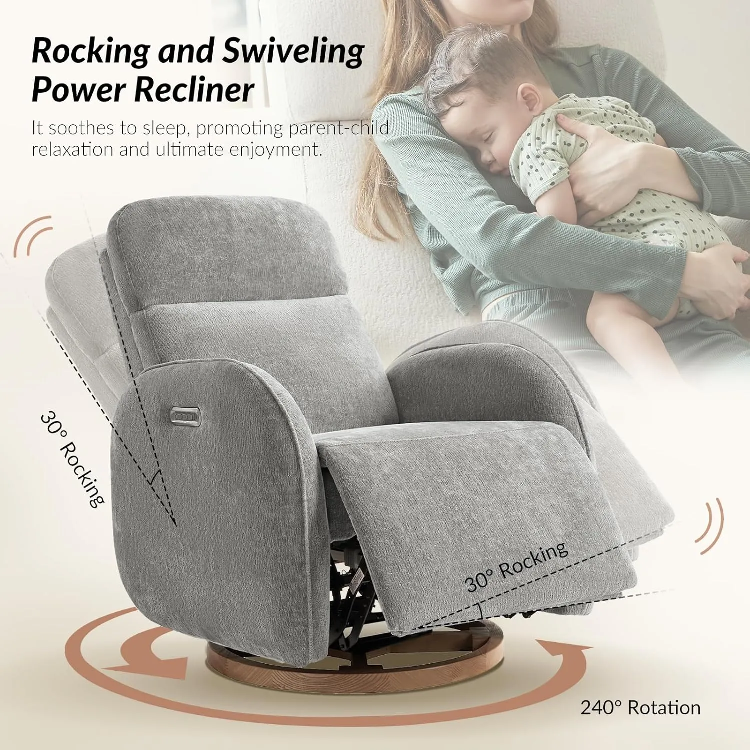 HULALA HOME Glider Recliner Nursery Chair with Adjustable Headrest and Lumbar Support, Modern Power Recliner with USB Port and Nightlight, Swivel Rocker Glider for Nursing Room Bedroom, Grey