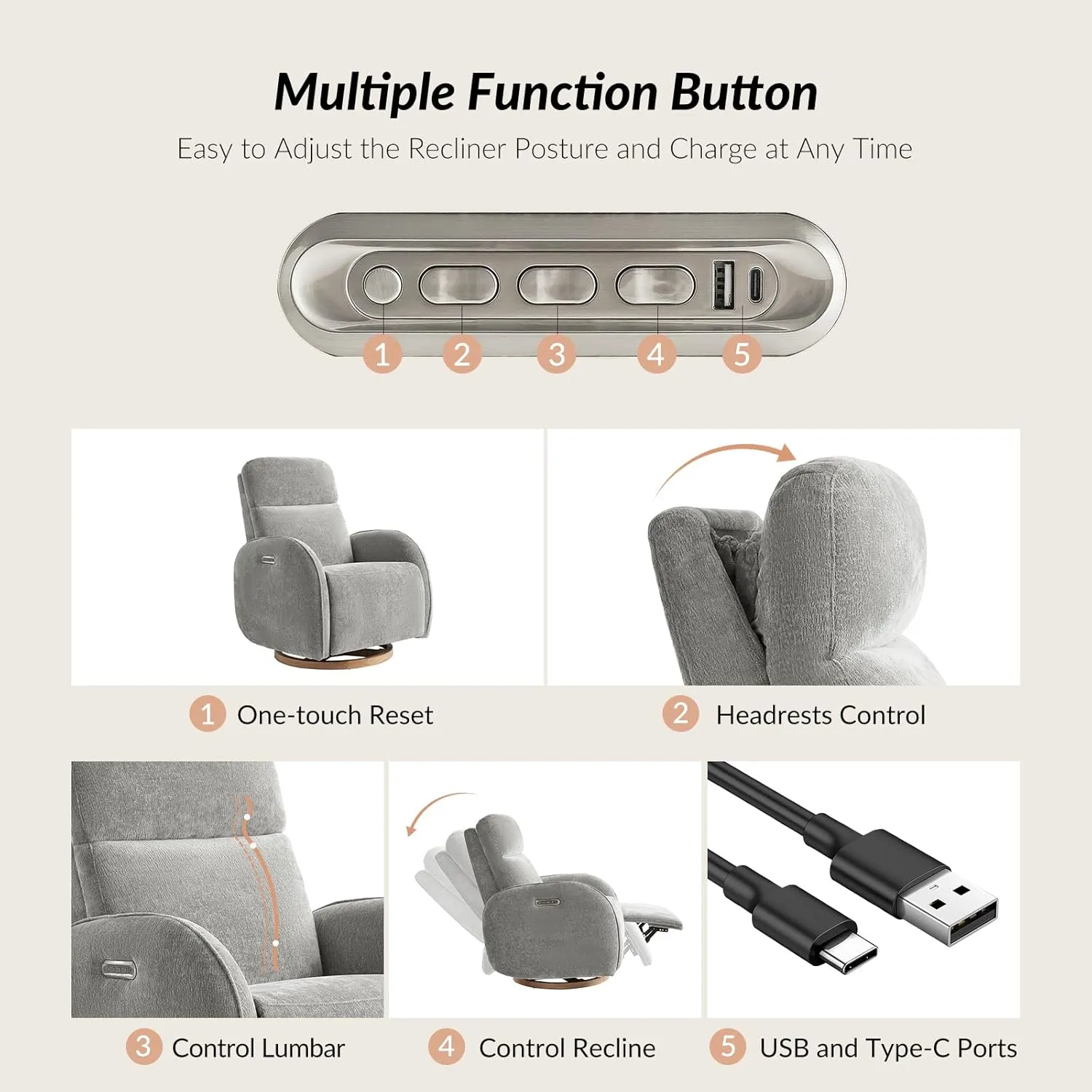 HULALA HOME Glider Recliner Nursery Chair with Adjustable Headrest and Lumbar Support, Modern Power Recliner with USB Port and Nightlight, Swivel Rocker Glider for Nursing Room Bedroom, Grey