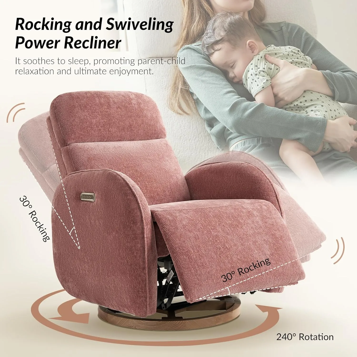HULALA HOME Glider Recliner Nursery Chair with Adjustable Headrest and Lumbar Support, Modern Power Recliner with USB Port and Nightlight, Swivel Rocker Glider for Nursing Room Bedroom, Pink