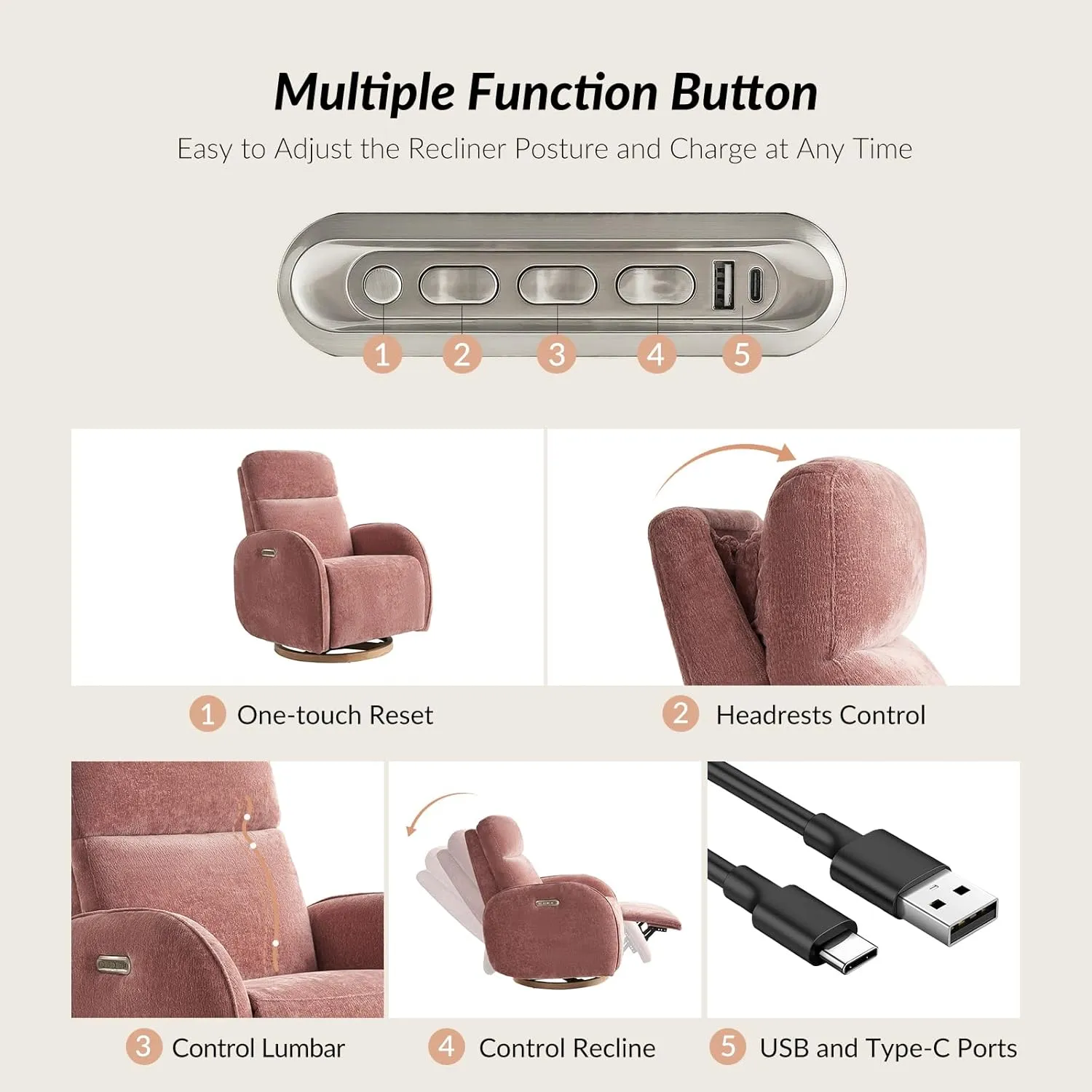 HULALA HOME Glider Recliner Nursery Chair with Adjustable Headrest and Lumbar Support, Modern Power Recliner with USB Port and Nightlight, Swivel Rocker Glider for Nursing Room Bedroom, Pink