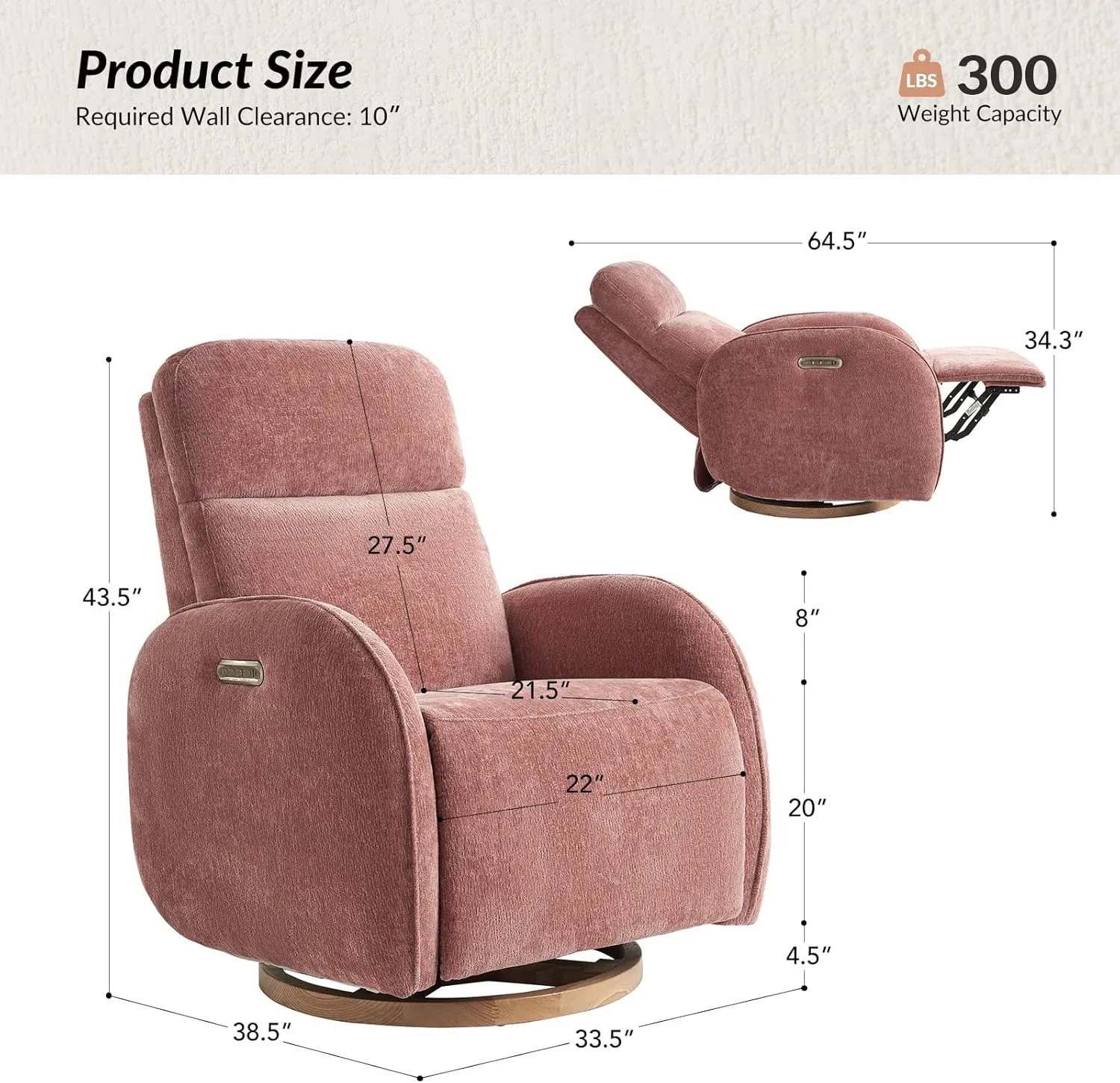 HULALA HOME Glider Recliner Nursery Chair with Adjustable Headrest and Lumbar Support, Modern Power Recliner with USB Port and Nightlight, Swivel Rocker Glider for Nursing Room Bedroom, Pink