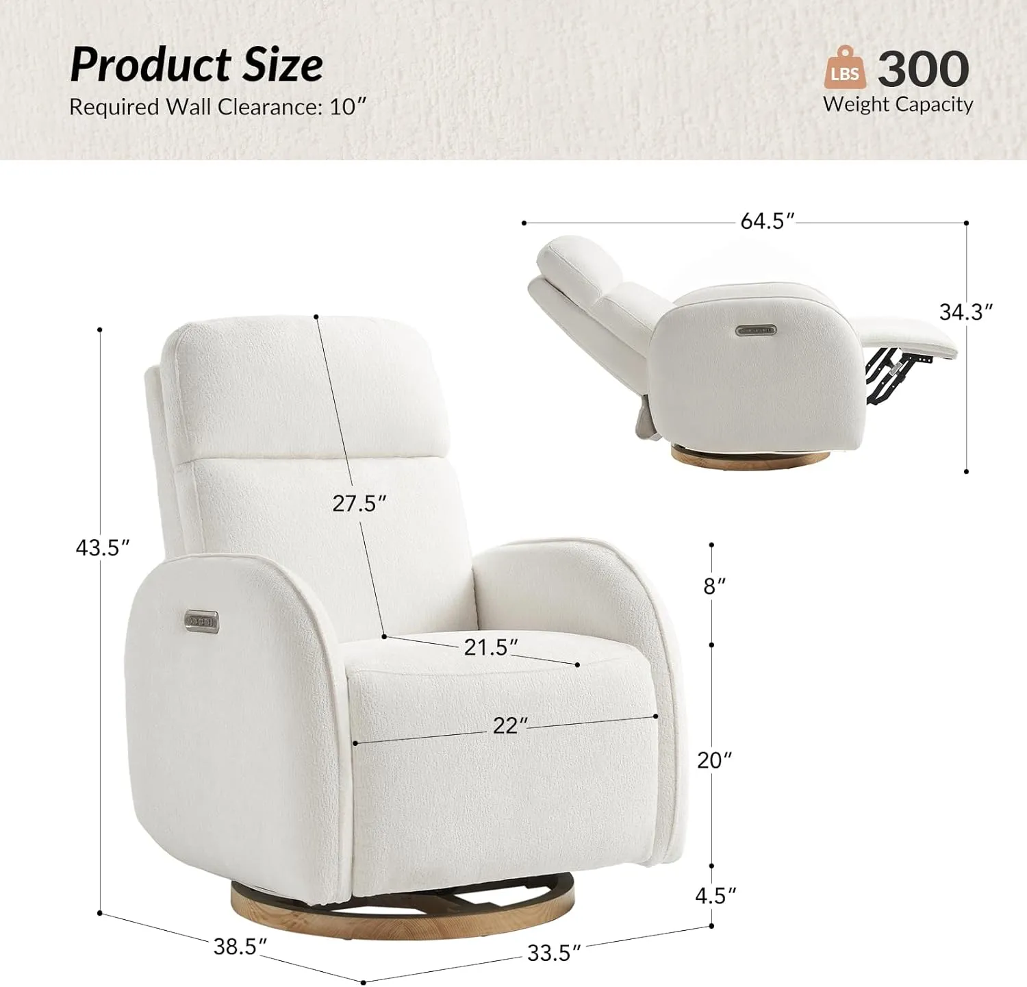 HULALA HOME Glider Recliner Nursery Chair with Adjustable Headrest and Lumbar Support, Modern Power Recliner with USB Port and Nightlight, Swivel Rocker Glider for Nursing Room Bedroom, White