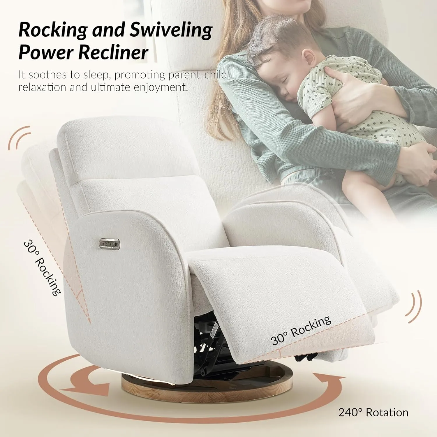 HULALA HOME Glider Recliner Nursery Chair with Adjustable Headrest and Lumbar Support, Modern Power Recliner with USB Port and Nightlight, Swivel Rocker Glider for Nursing Room Bedroom, White