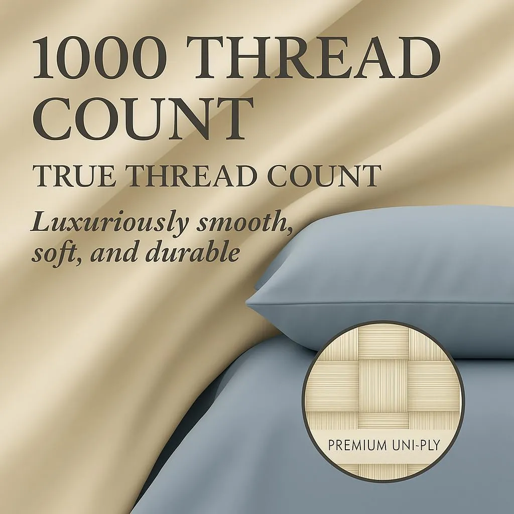 Hyde Lane Luxury 1000 Thread Count 100% Cotton Sheets | Very Soft & Thick - Fits Upto 20" Mattress | Sateen Weave Bed Sheets 18" Deep Pocket- 4 PC Sheet Set (Ashley Blue, Queen)