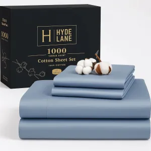 Hyde Lane Luxury 1000 Thread Count 100% Cotton Sheets | Very Soft & Thick - Fits Upto 20" Mattress | Sateen Weave Bed Sheets 18" Deep Pocket- 4 PC Sheet Set (Ashley Blue, Queen)