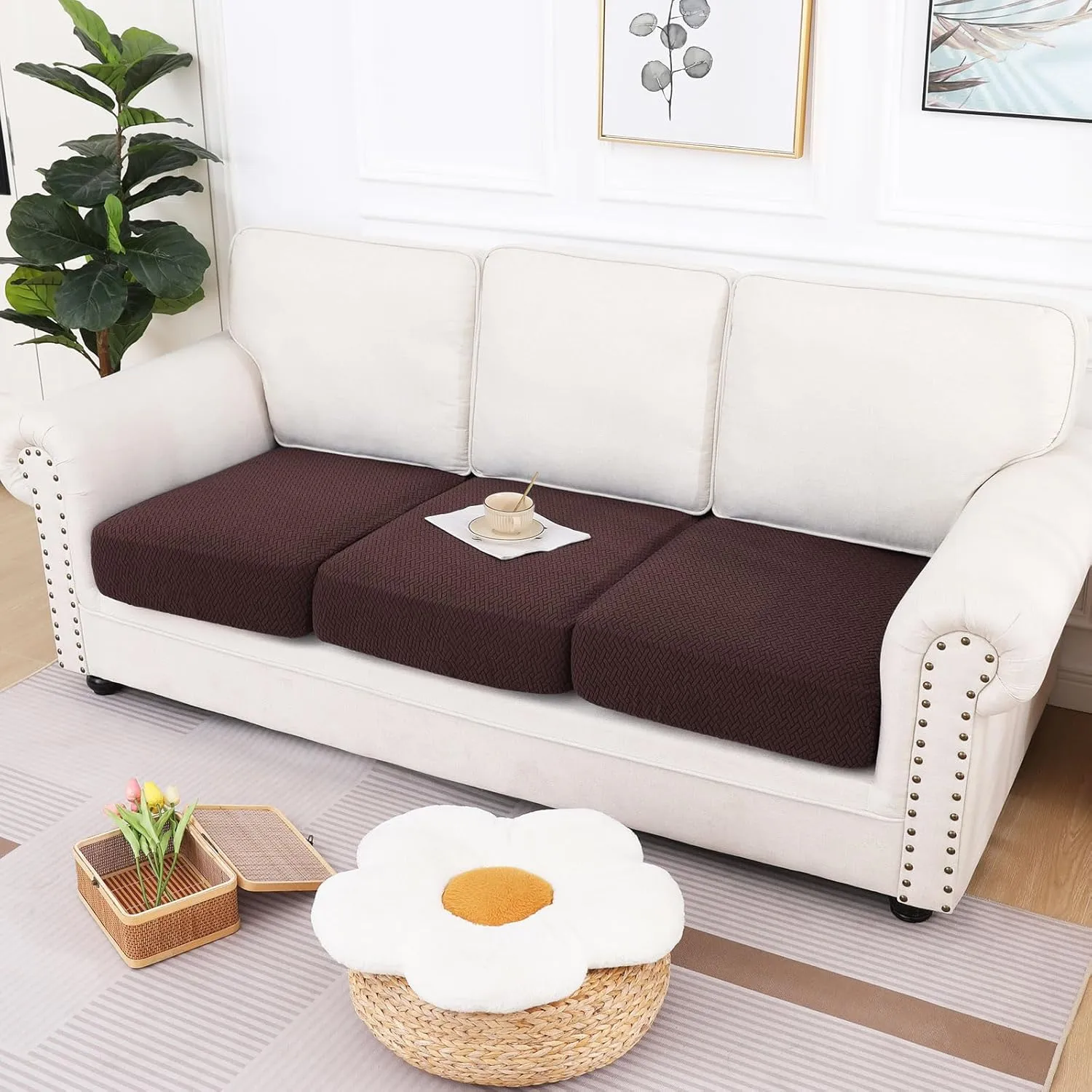 hyha Waterproof Couch Cushion Covers, Wear Resistant Couch Cover, Anti Slip Sofa Slipcovers Washable, Soft Thick Jacquard Furniture Protector for Pets Dog (3 Packs, Chocolate)
