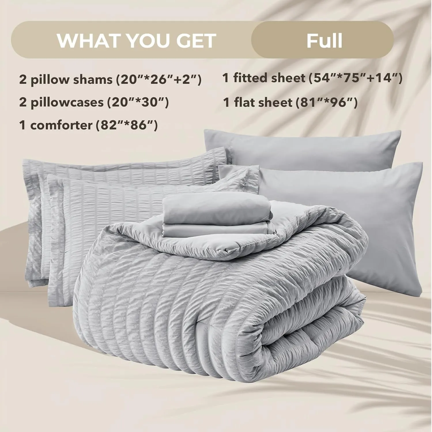 HYMOKEGE Light Grey Full Size Comforter Sets Seersucker 7 Pieces, All Season Luxury Bed in a Bag for Bedroom, Bedding Set with Comforters, Sheets, Pillowcases & Shams