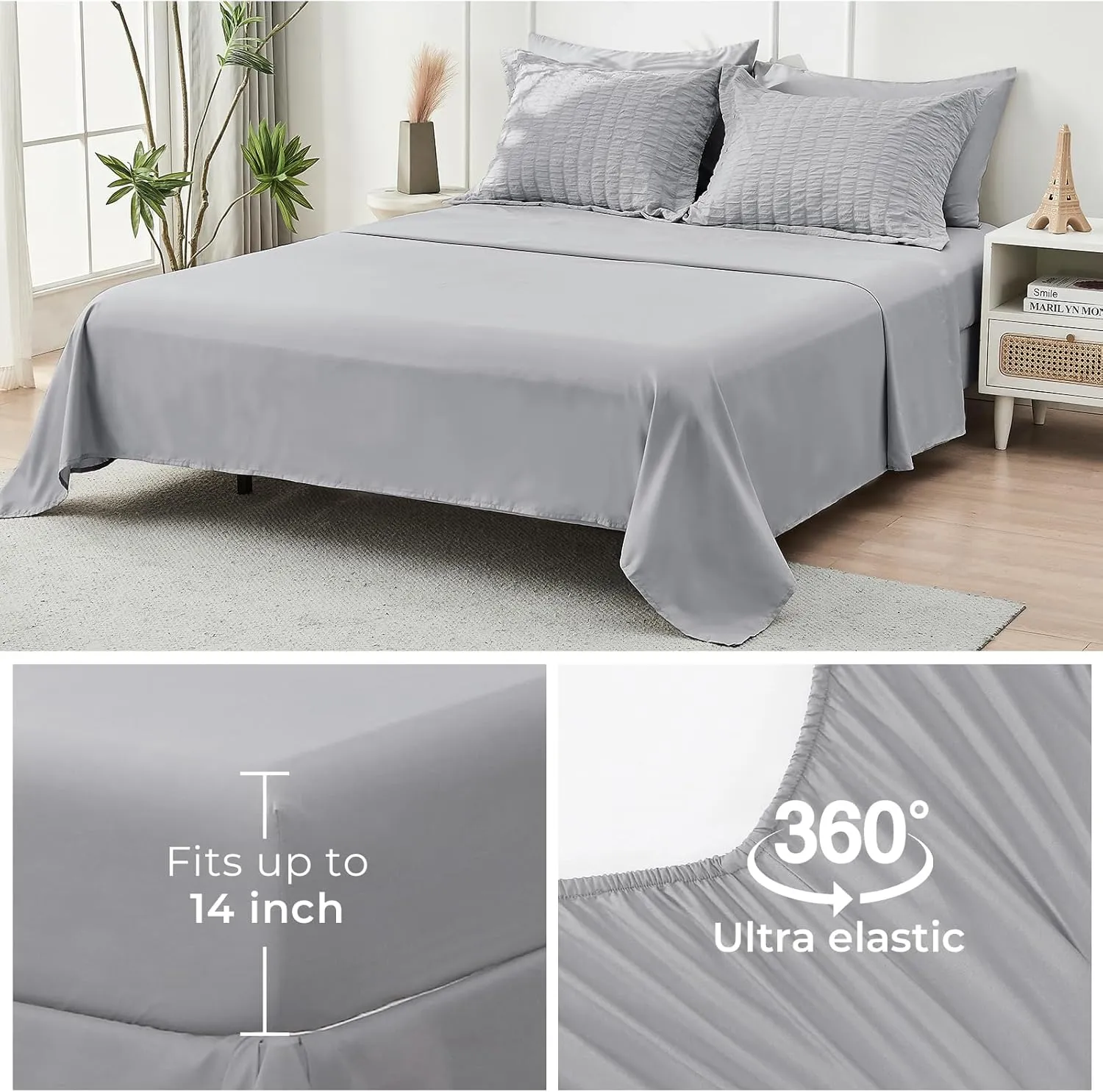 HYMOKEGE Light Grey Full Size Comforter Sets Seersucker 7 Pieces, All Season Luxury Bed in a Bag for Bedroom, Bedding Set with Comforters, Sheets, Pillowcases & Shams