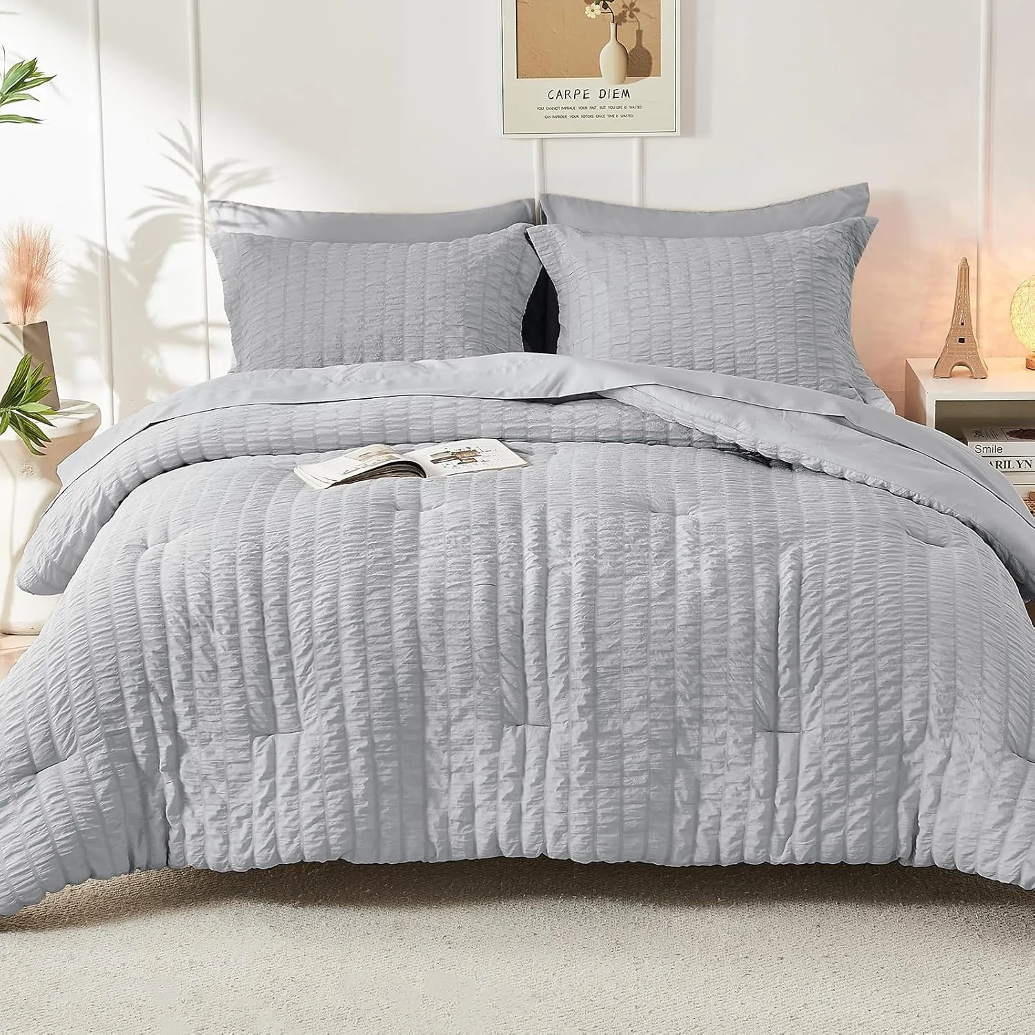 HYMOKEGE Light Grey Full Size Comforter Sets Seersucker 7 Pieces, All Season Luxury Bed in a Bag for Bedroom, Bedding Set with Comforters, Sheets, Pillowcases & Shams
