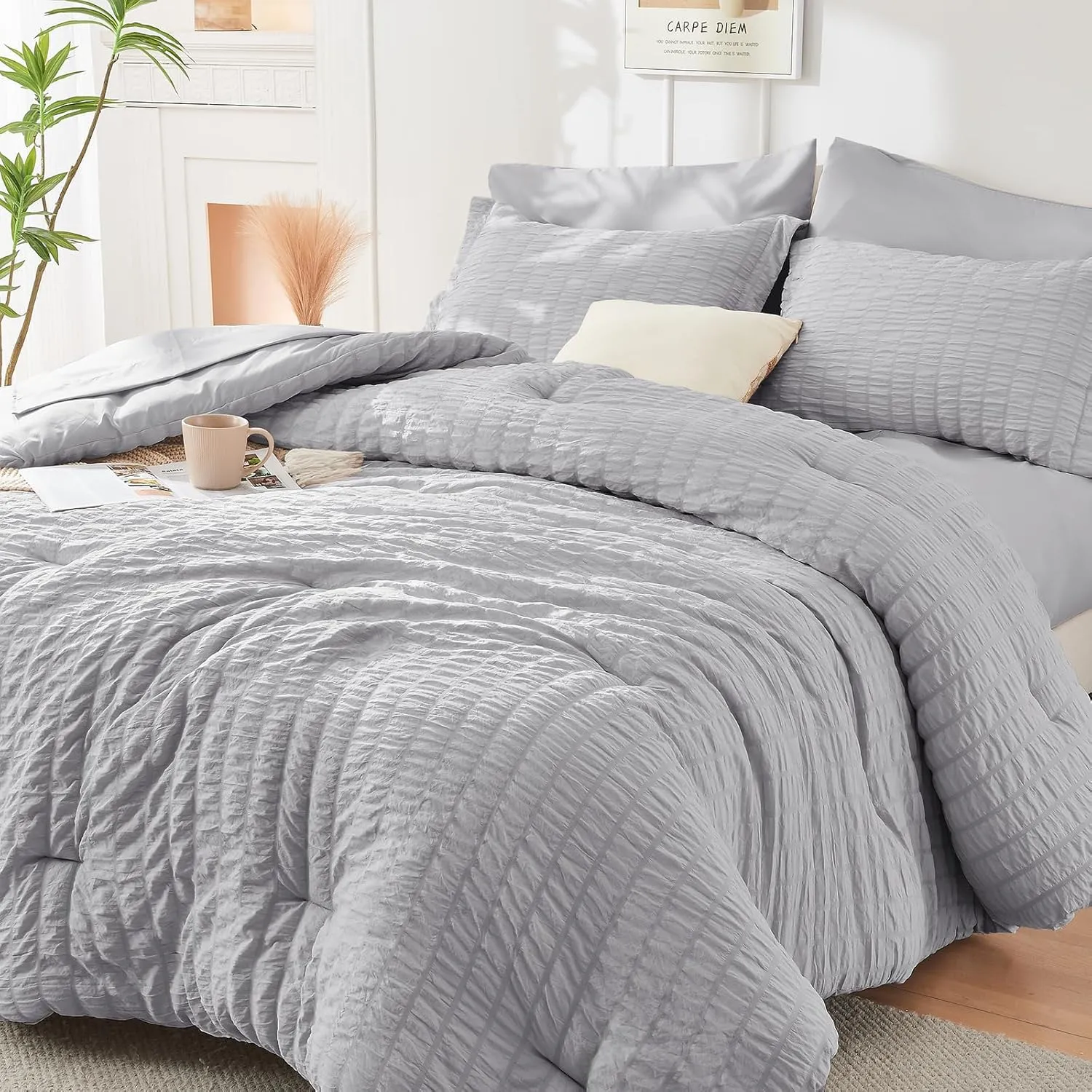 HYMOKEGE Light Grey Full Size Comforter Sets Seersucker 7 Pieces, All Season Luxury Bed in a Bag for Bedroom, Bedding Set with Comforters, Sheets, Pillowcases & Shams
