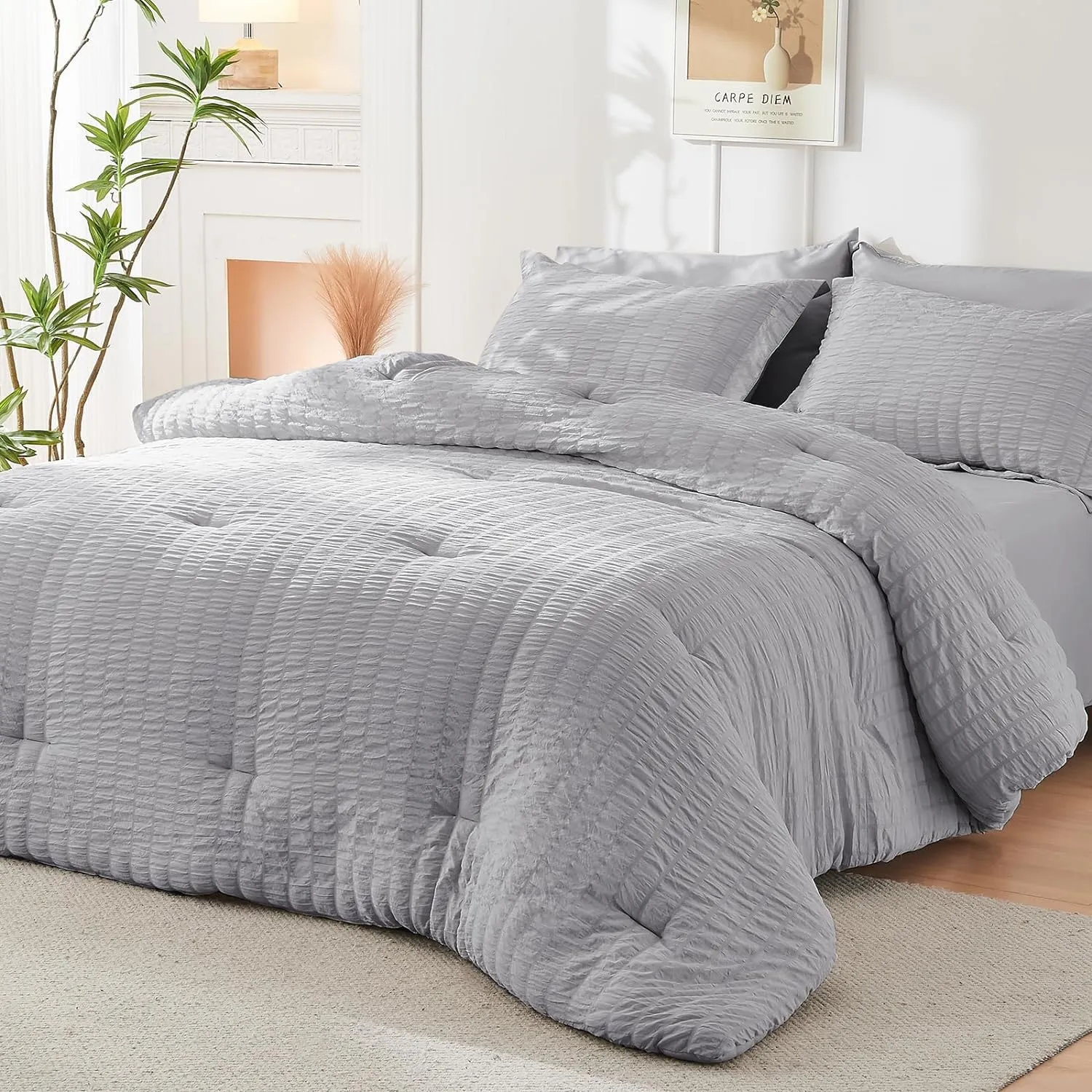 HYMOKEGE Light Grey Full Size Comforter Sets Seersucker 7 Pieces, All Season Luxury Bed in a Bag for Bedroom, Bedding Set with Comforters, Sheets, Pillowcases & Shams