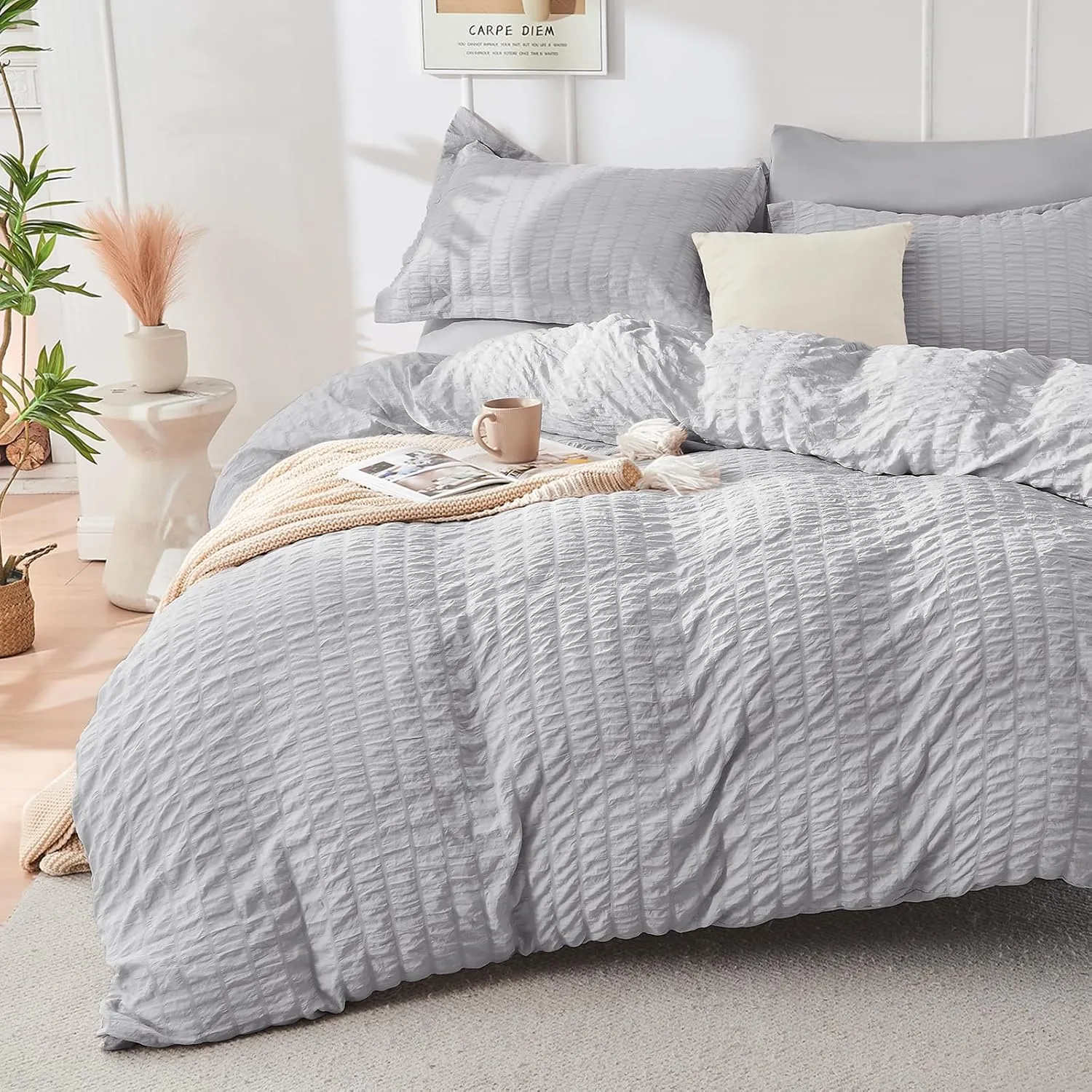 HYMOKEGE Light Grey Full Size Comforter Sets Seersucker 7 Pieces, All Season Luxury Bed in a Bag for Bedroom, Bedding Set with Comforters, Sheets, Pillowcases & Shams