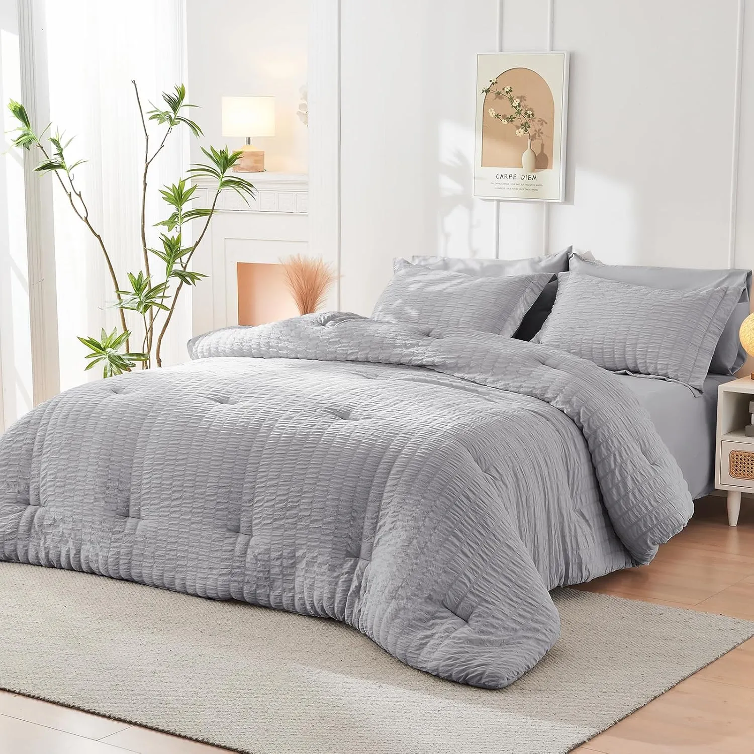 HYMOKEGE Light Grey Full Size Comforter Sets Seersucker 7 Pieces, All Season Luxury Bed in a Bag for Bedroom, Bedding Set with Comforters, Sheets, Pillowcases & Shams