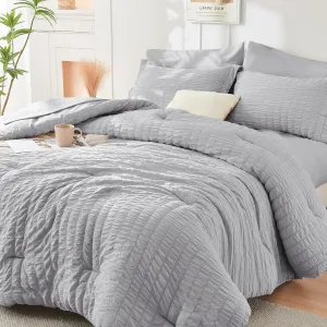 HYMOKEGE Light Grey Full Size Comforter Sets Seersucker 7 Pieces, All Season Luxury Bed in a Bag for Bedroom, Bedding Set with Comforters, Sheets, Pillowcases & Shams