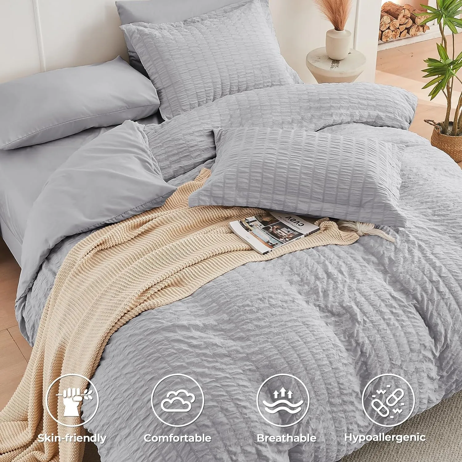 HYMOKEGE Light Grey Full Size Comforter Sets Seersucker 7 Pieces, All Season Luxury Bed in a Bag for Bedroom, Bedding Set with Comforters, Sheets, Pillowcases & Shams