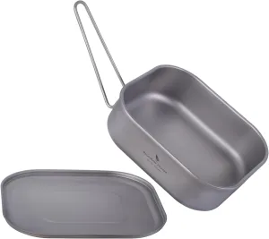 iBasingo 1000ml Titanium Military Mess Tin Outdoor Camping Cookware with Lid & Folding Handle Lightweight Frying Pan Single Layer Square Lunch Box Portable Hiking Backpacking Cooking Kit Ti2084C