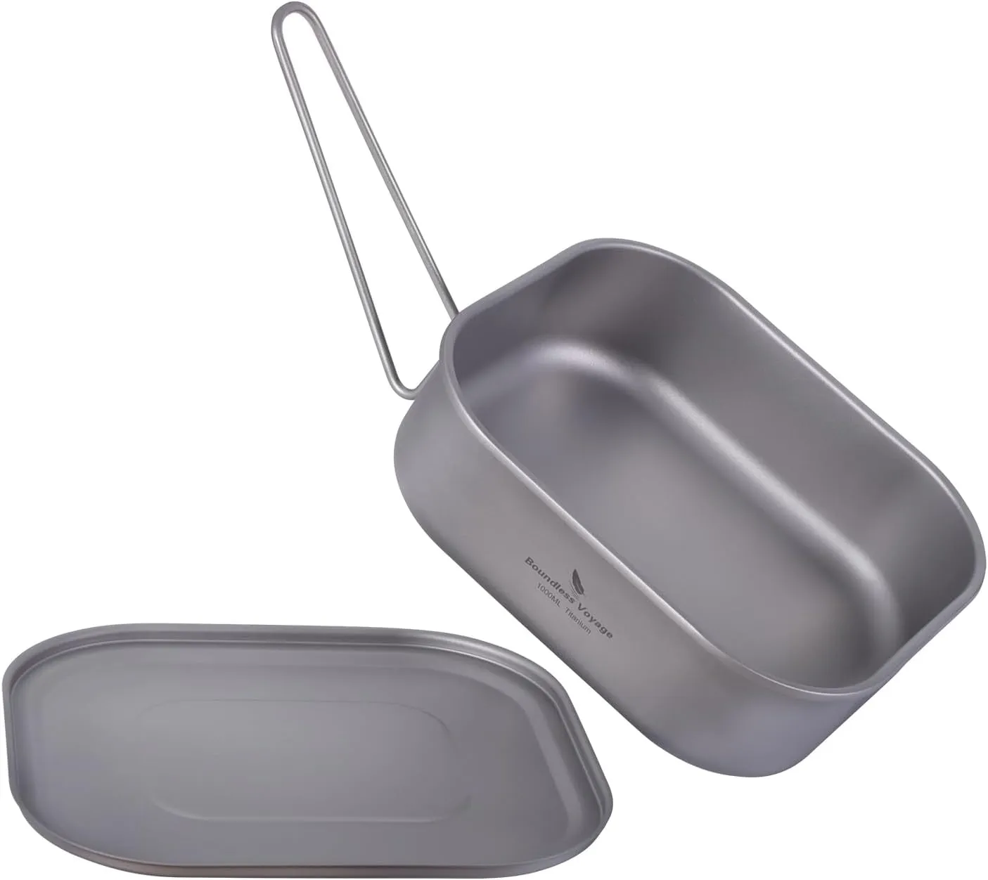 iBasingo 1000ml Titanium Military Mess Tin Outdoor Camping Cookware with Lid & Folding Handle Lightweight Frying Pan Single Layer Square Lunch Box Portable Hiking Backpacking Cooking Kit Ti2084C