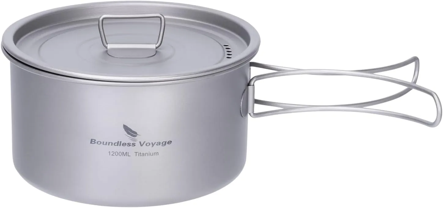 iBasingo 1.2L Titanium Soup Pot with Lid Camping Cookware with Foldable Handle Portable Lightweight Outdoor Kitchen Cooking Kit Backpacking Hiking Picnic Fishing Mountaineering Ti2106C (1 pc)