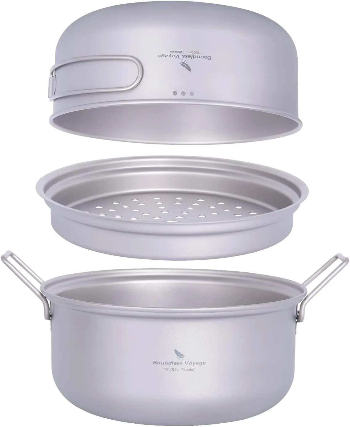 iBasingo 1.8L Titanium Steamer Stockpot and Fry Pan Set Ultralight Cooking Pot Pan Portable for Outdoor Camping Backpacking Household Kitchen Ti2102C