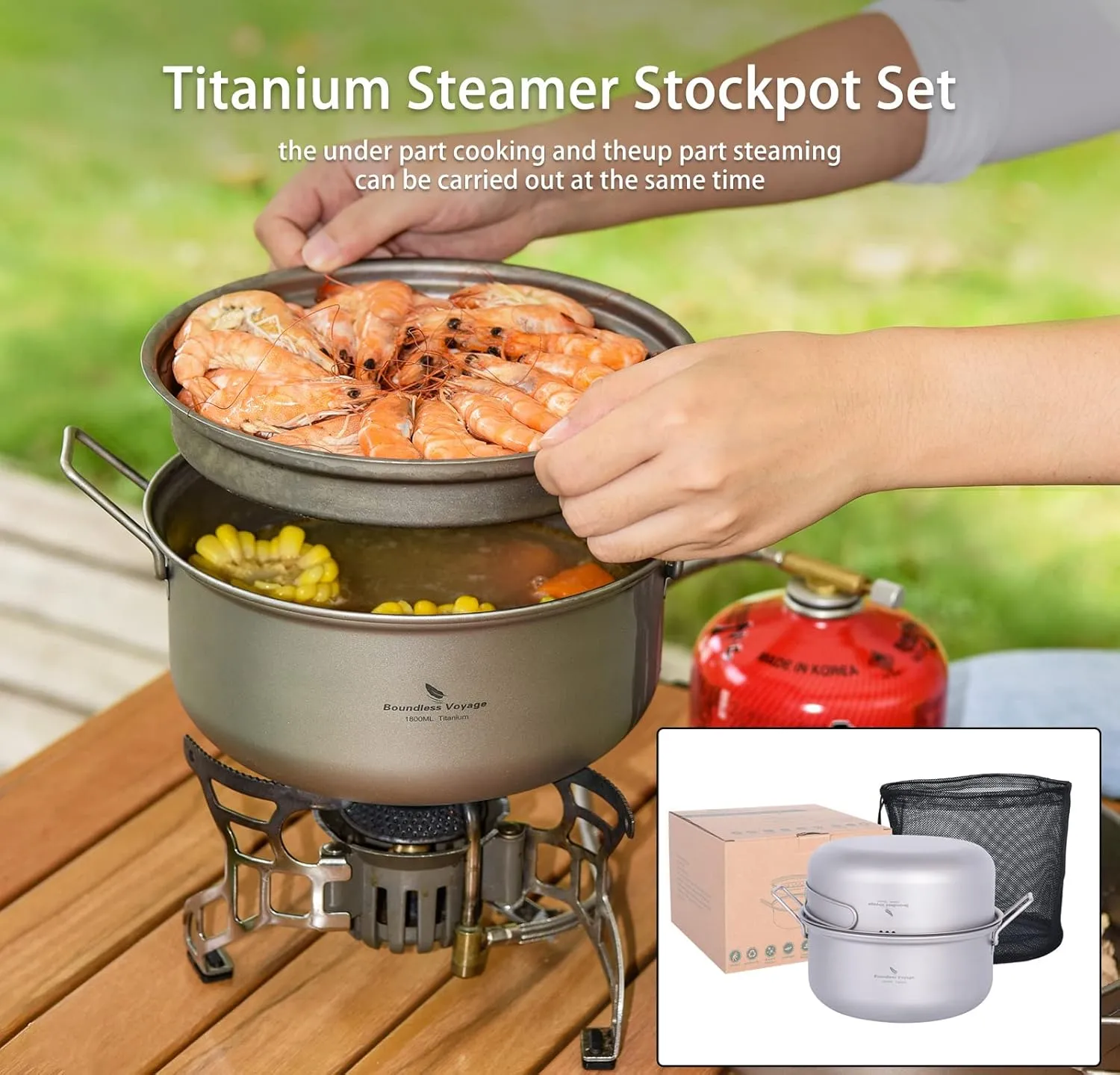 iBasingo 1.8L Titanium Steamer Stockpot and Fry Pan Set Ultralight Cooking Pot Pan Portable for Outdoor Camping Backpacking Household Kitchen Ti2102C