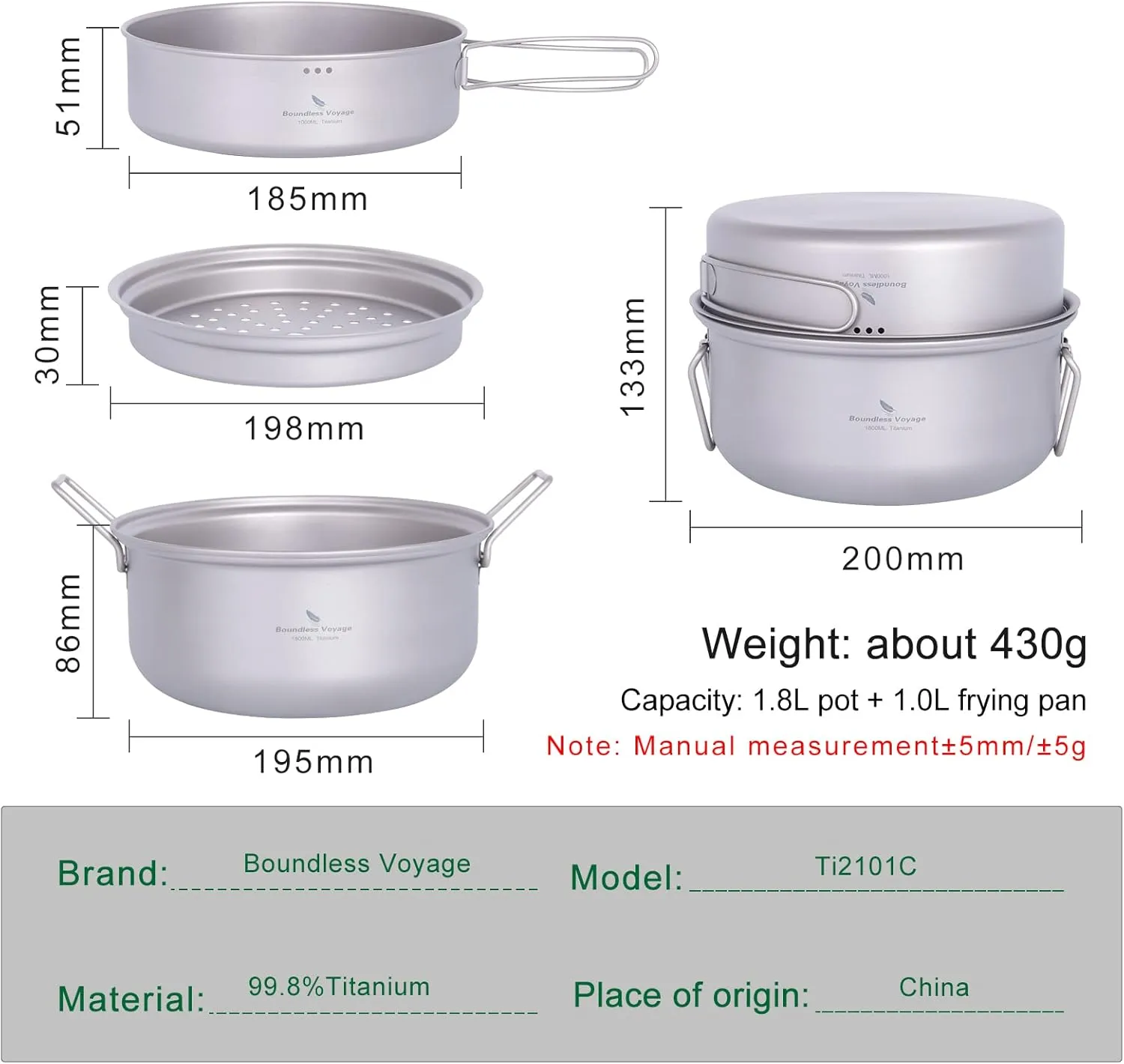 iBasingo 1.8L Titanium Steamer Stockpot Frying Pan Set Ultralight Outdoor Camping Pot Pan Set Portable Campfire Soup Hot Pot Cookware Backpacking Household Kitchen Cooking Kit Ti2101C