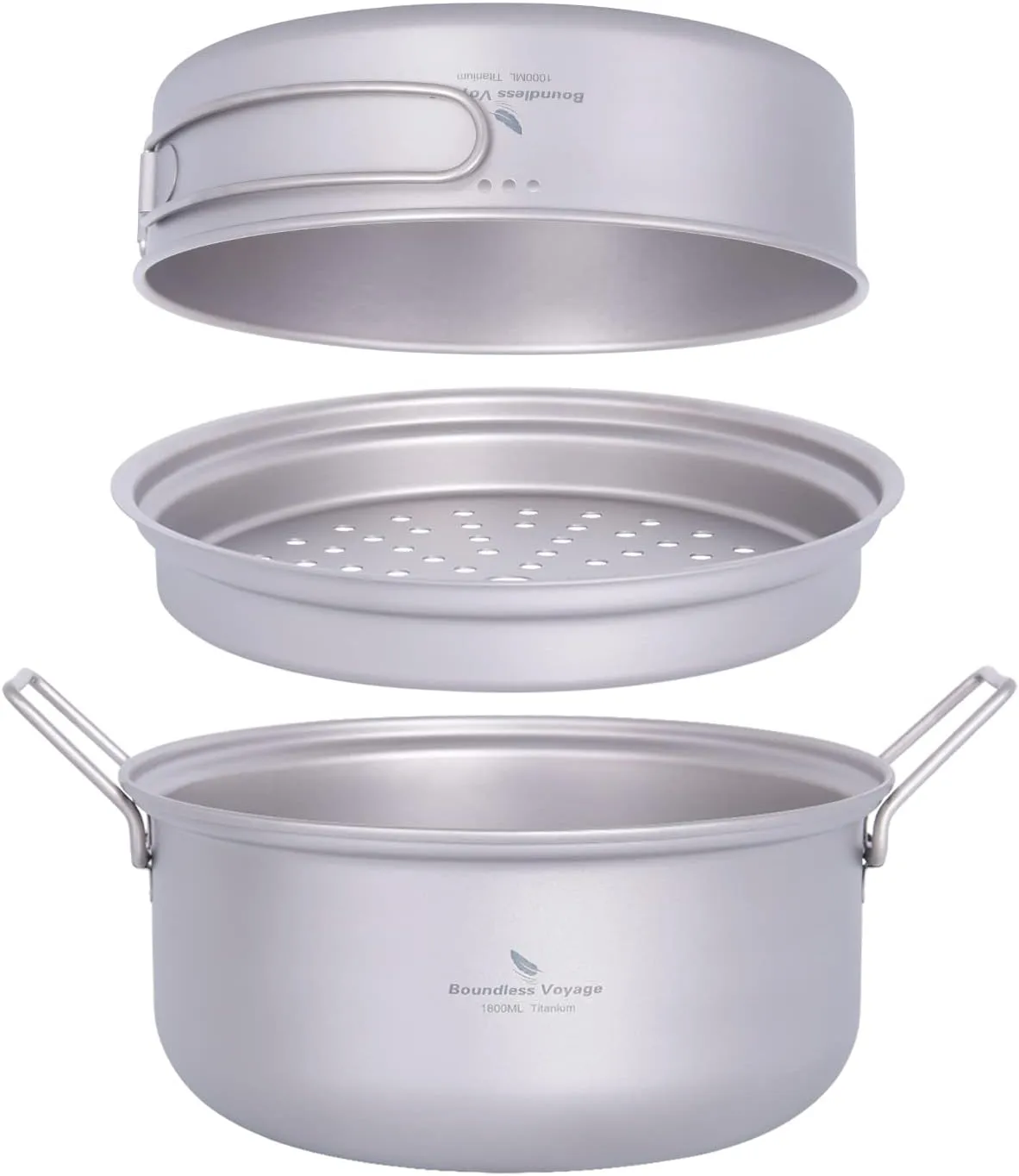 iBasingo 1.8L Titanium Steamer Stockpot Frying Pan Set Ultralight Outdoor Camping Pot Pan Set Portable Campfire Soup Hot Pot Cookware Backpacking Household Kitchen Cooking Kit Ti2101C