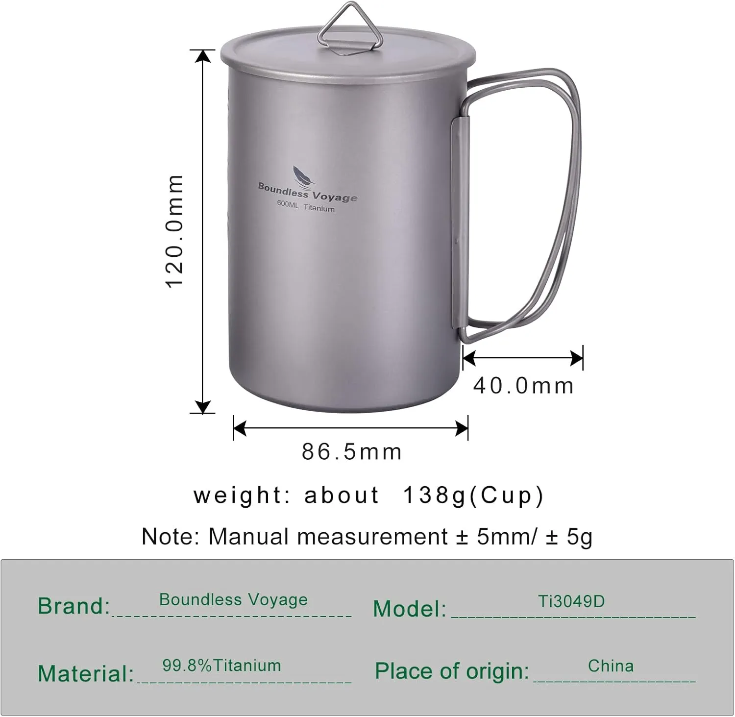 iBasingo Titanium Mug 600ml Camping Cup Outdoor Single Layer Wide Mouth Cookware Lightweight Portable Drinkware Hiking Picnic Solo Cooking Kit Ti3049D