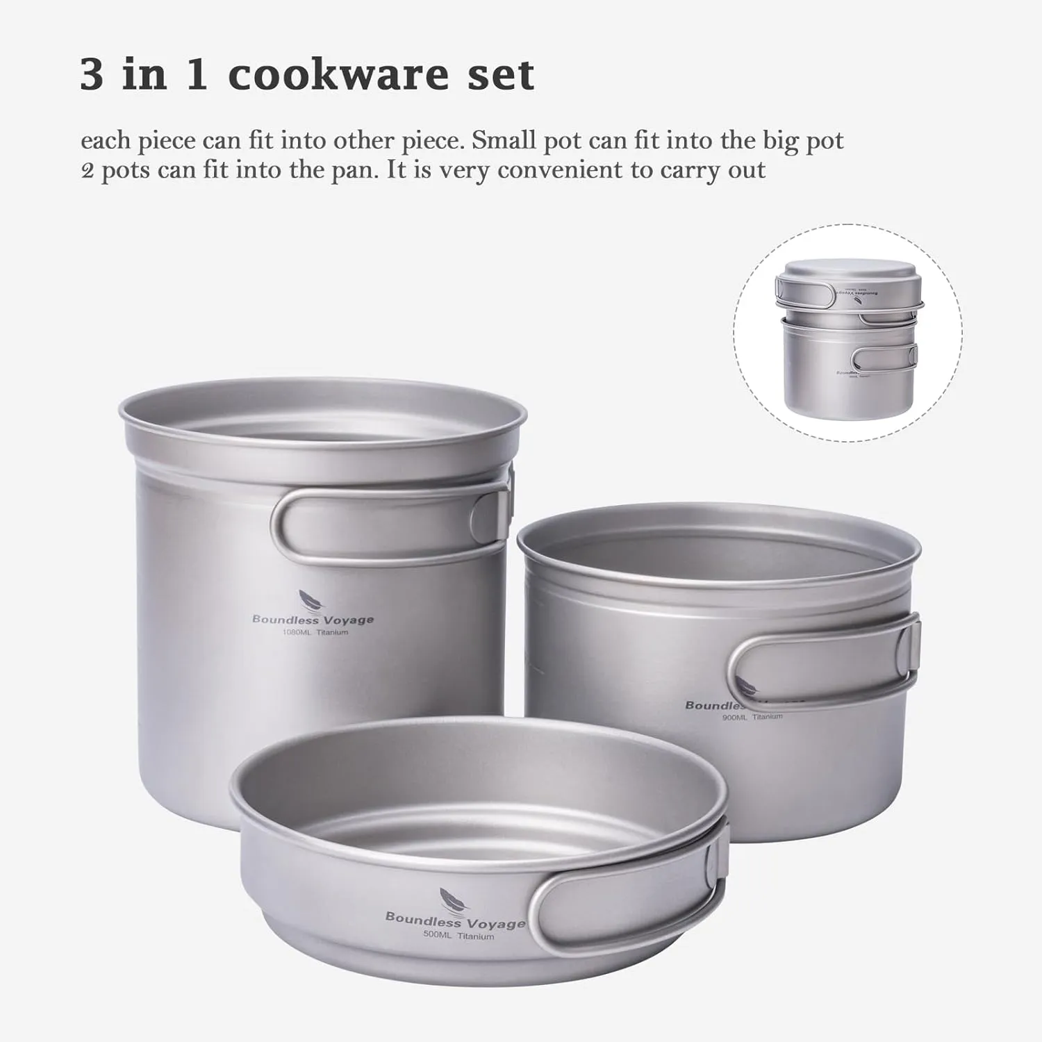 iBasingo Titanium Pot Pan Set with Folding Handle Outdoor Camping Soup Pot Bowl Frying Pan Mess Kit Ultralight Cookware for Picnic Travel Backpacking