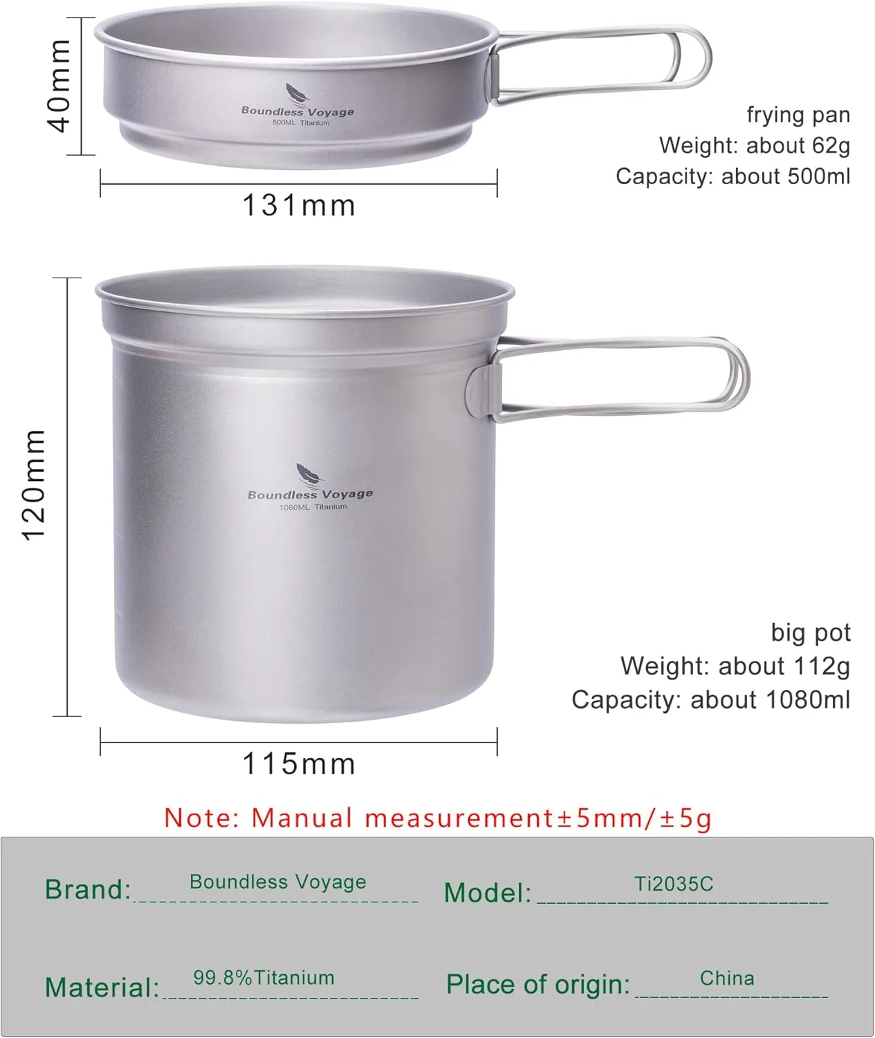 iBasingo Titanium Pot Pan Set with Folding Handle Outdoor Camping Soup Pot Bowl Frying Pan Mess Kit Ultralight Cookware for Picnic Travel Backpacking