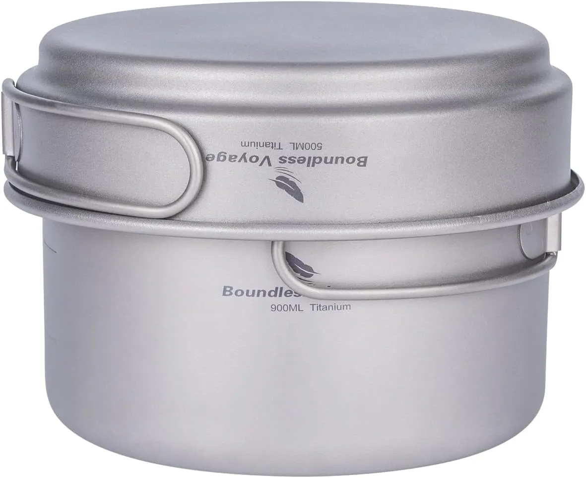 iBasingo Titanium Pot Pan Set with Folding Handle Outdoor Camping Soup Pot Bowl Frying Pan Mess Kit Ultralight Cookware for Picnic Travel Backpacking