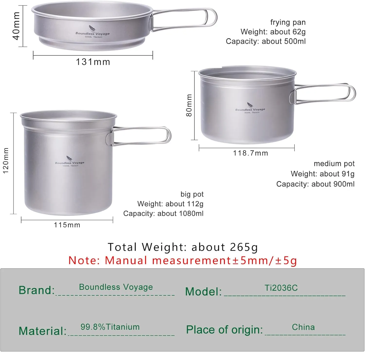 iBasingo Titanium Pot Pan Set with Folding Handle Outdoor Camping Soup Pot Bowl Frying Pan Mess Kit Ultralight Cookware for Picnic Travel Backpacking