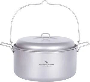 iBasingo Titanium Soup Pot Steamer Set with Foldbale Hanging Handle Lightweight Portable Cookware for 3-5 Persons in Camping Picnic Hiking Travel Household