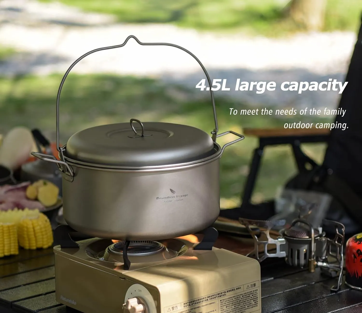 iBasingo Titanium Soup Pot Steamer Set with Foldbale Hanging Handle Lightweight Portable Cookware for 3-5 Persons in Camping Picnic Hiking Travel Household