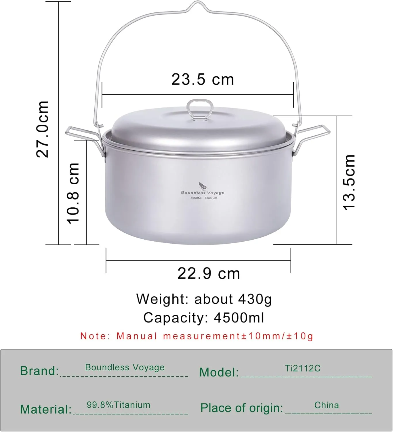 iBasingo Titanium Soup Pot Steamer Set with Foldbale Hanging Handle Lightweight Portable Cookware for 3-5 Persons in Camping Picnic Hiking Travel Household