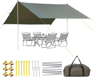 IDEALHOUSE 2024 New 13X9FT All-Season Camping Tent Tarp with 2 Aluminum Poles - Waterproof, UV-Protected, and Ripstop Multifunctional Canopy for Outdoor Adventures, Beach, Camping and Hiking