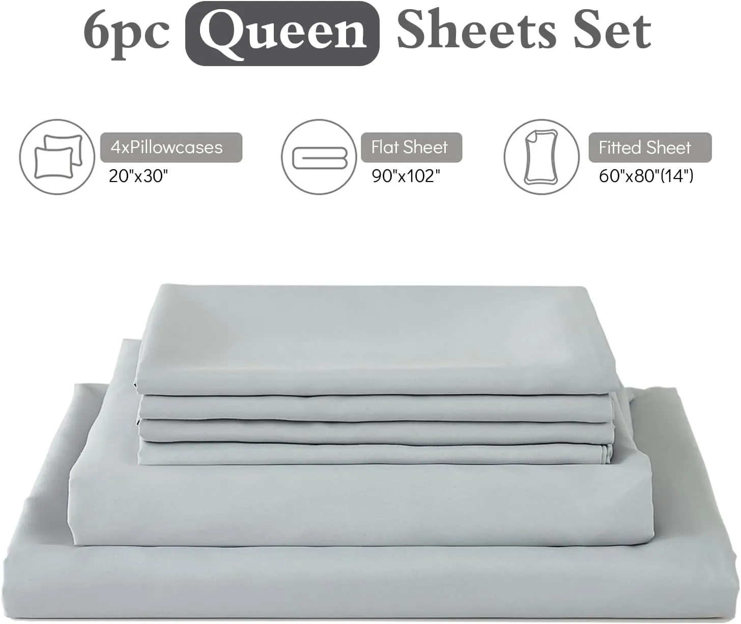 ILAVANDE Queen Sheets Set 6 Piece,Hotel Luxury Super Soft 1800 Series Microfiber Queen Bed Sheets Set-Wrinkle Free & Breathable-14 Deep Pocket Sheets for Queen Size Bed(Queen,Light Grey)