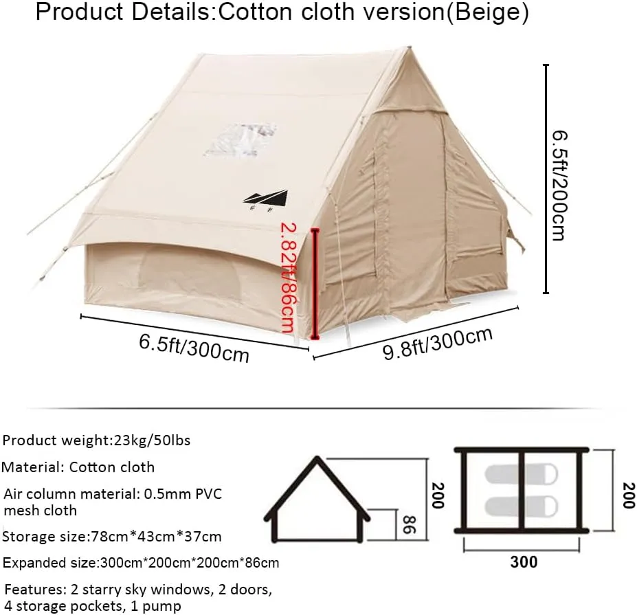 Inflatable Tents with Pump,2-4 Person Blow Up Tent with Stove Jack Hole,4 Season Large Pop-Up Tents,Easy Setup
