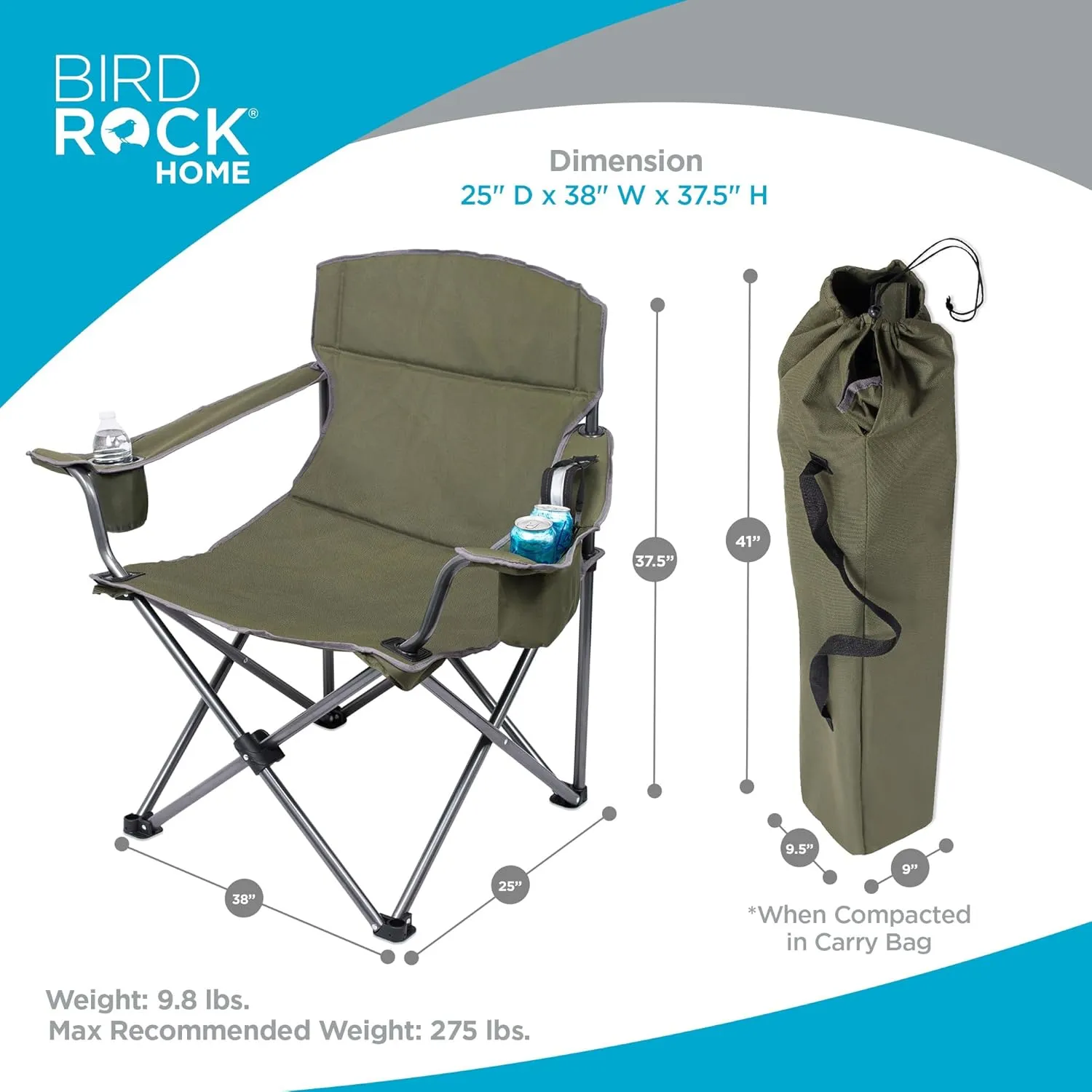 Internet's Best XL Padded Camping Folding Chair - Cooler Bag - Outdoor - Sports - Insulated Cup Holder - Heavy Duty - Carrying Case - Beach - Extra Wide - Quad