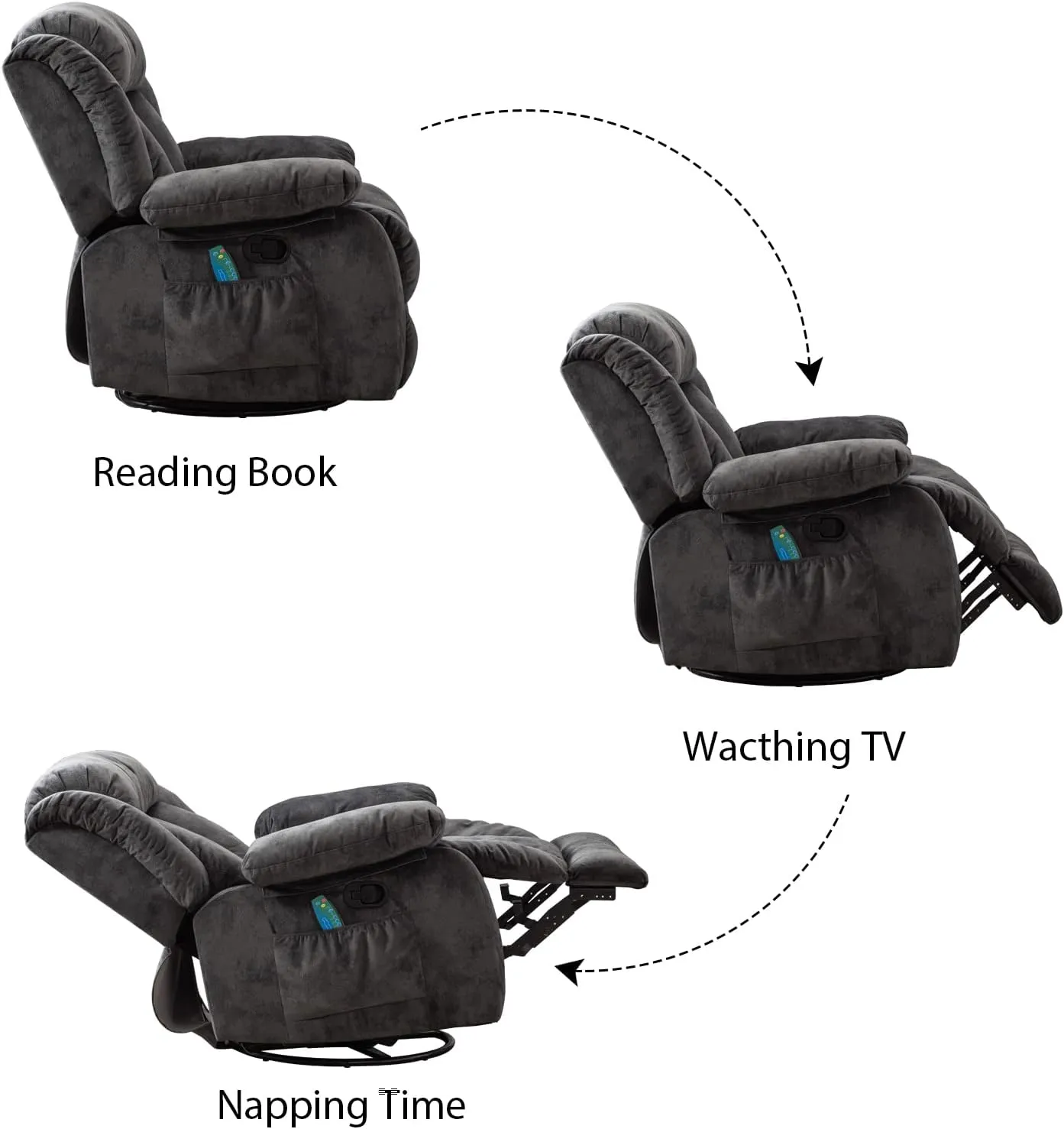 INZOY Massage Swivel Rocker Recliner with Heat and Vibration, Manual Rocking Recliner Chair with Vibrating Massage, Comfy Padded Overstuffed Soft Fabric Heated Recliner, Grey