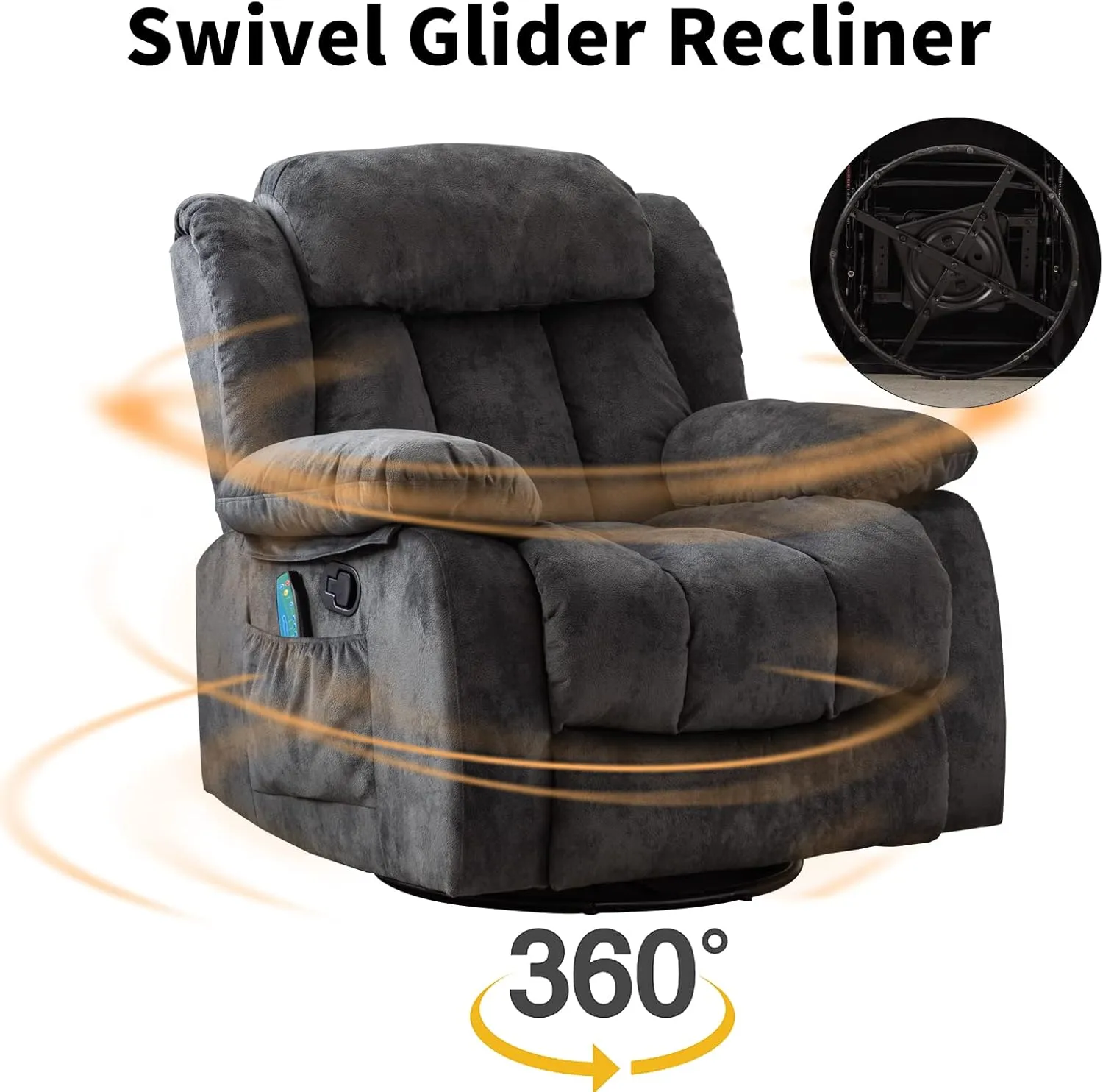 INZOY Massage Swivel Rocker Recliner with Heat and Vibration, Manual Rocking Recliner Chair with Vibrating Massage, Comfy Padded Overstuffed Soft Fabric Heated Recliner, Grey