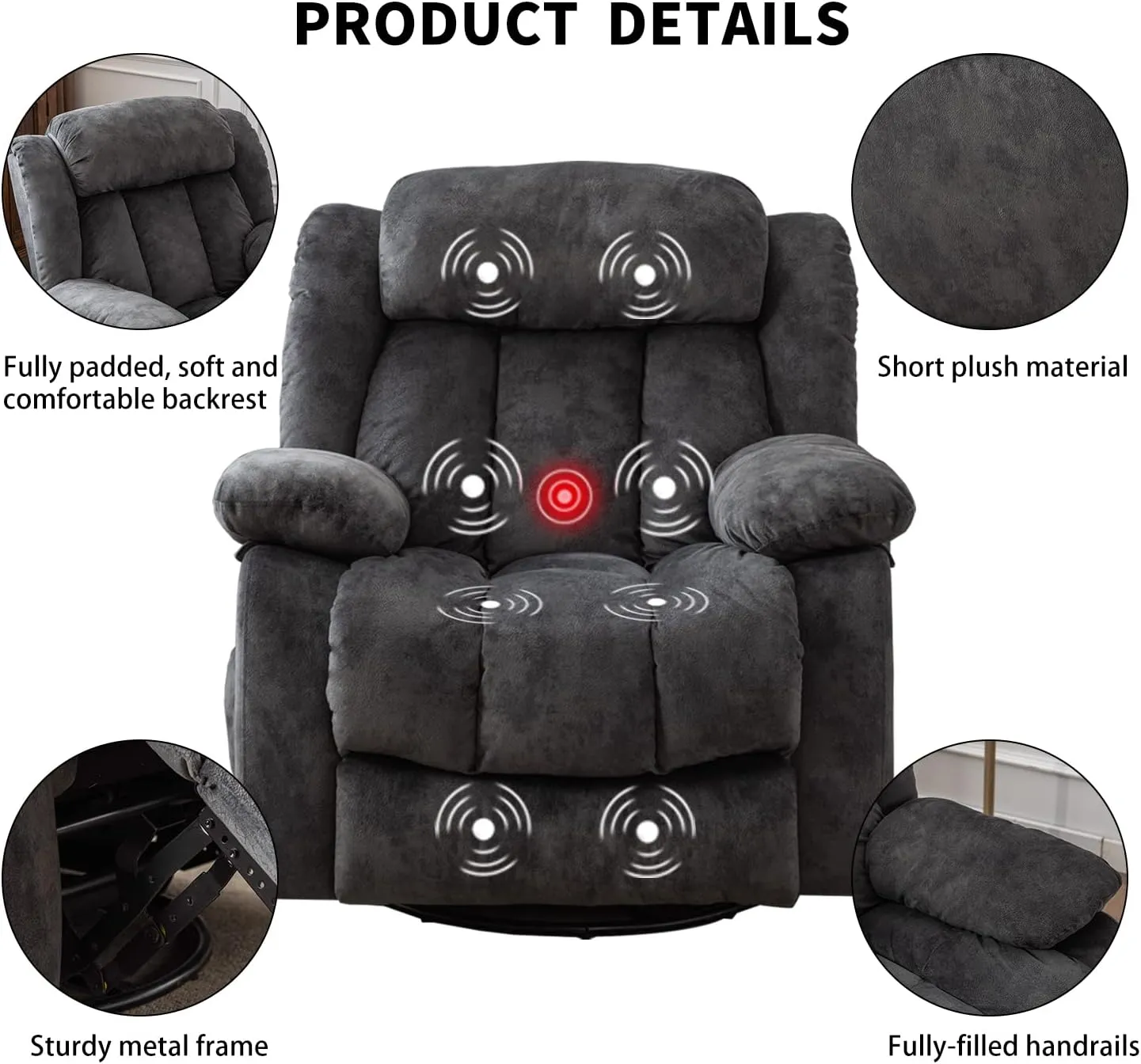 INZOY Massage Swivel Rocker Recliner with Heat and Vibration, Manual Rocking Recliner Chair with Vibrating Massage, Comfy Padded Overstuffed Soft Fabric Heated Recliner, Grey