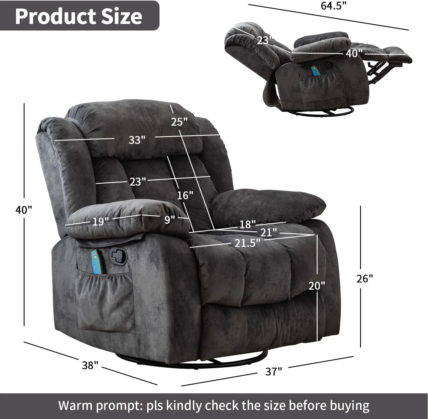 INZOY Massage Swivel Rocker Recliner with Heat and Vibration, Manual Rocking Recliner Chair with Vibrating Massage, Comfy Padded Overstuffed Soft Fabric Heated Recliner, Grey