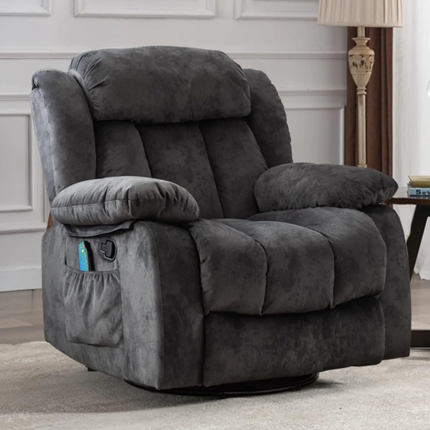 INZOY Massage Swivel Rocker Recliner with Heat and Vibration, Manual Rocking Recliner Chair with Vibrating Massage, Comfy Padded Overstuffed Soft Fabric Heated Recliner, Grey