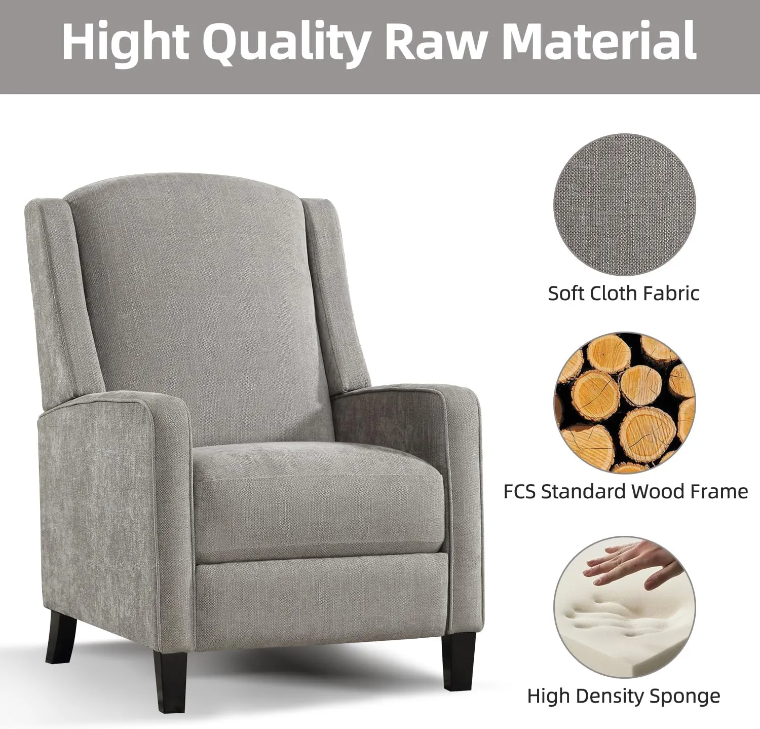 INZOY Wingback Pushback Recliner Chair, Fabric Push Back Recliners with Padded Seat, Mid Century Modern Reclining Chair for Living Room Bedroom, Grey