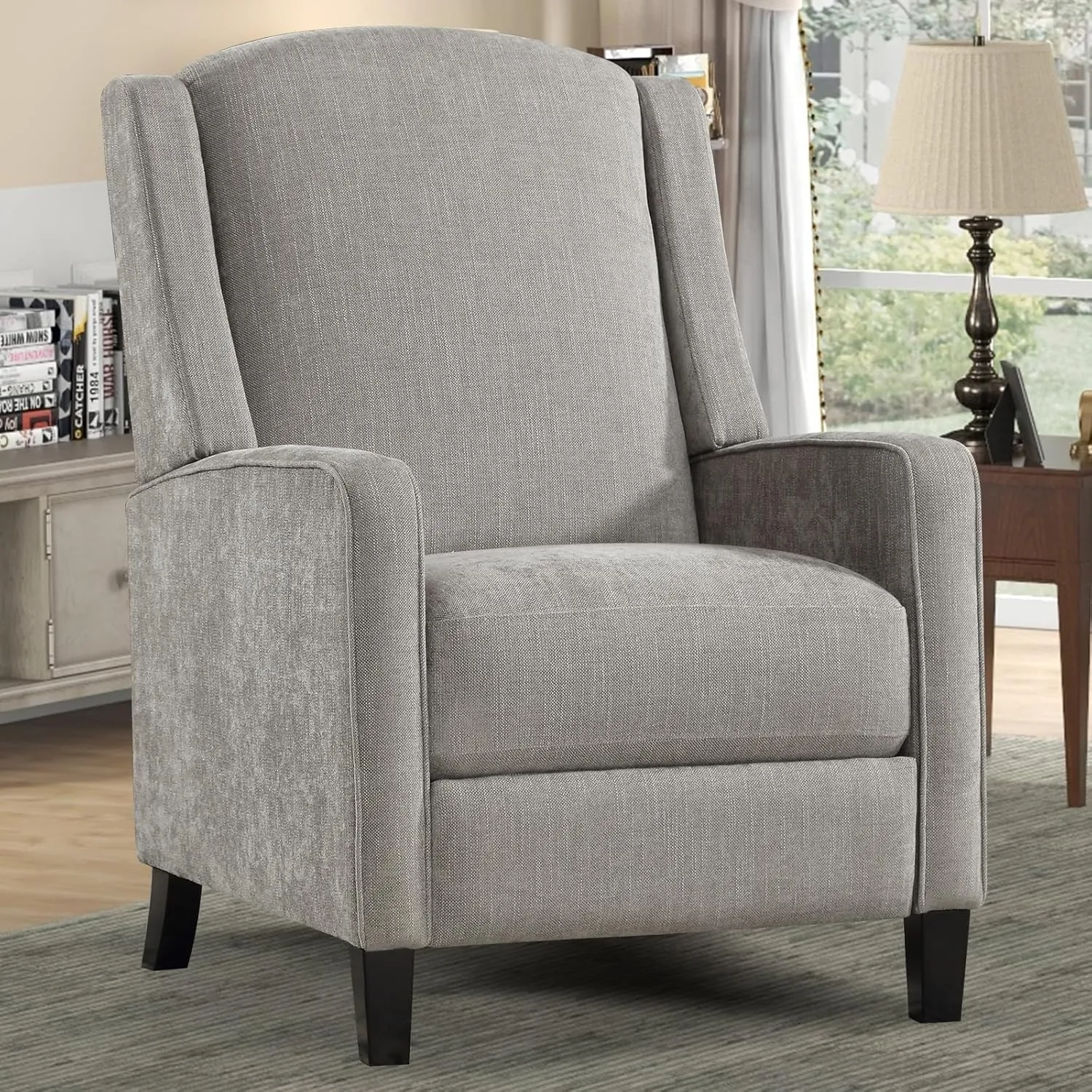 INZOY Wingback Pushback Recliner Chair, Fabric Push Back Recliners with Padded Seat, Mid Century Modern Reclining Chair for Living Room Bedroom, Grey