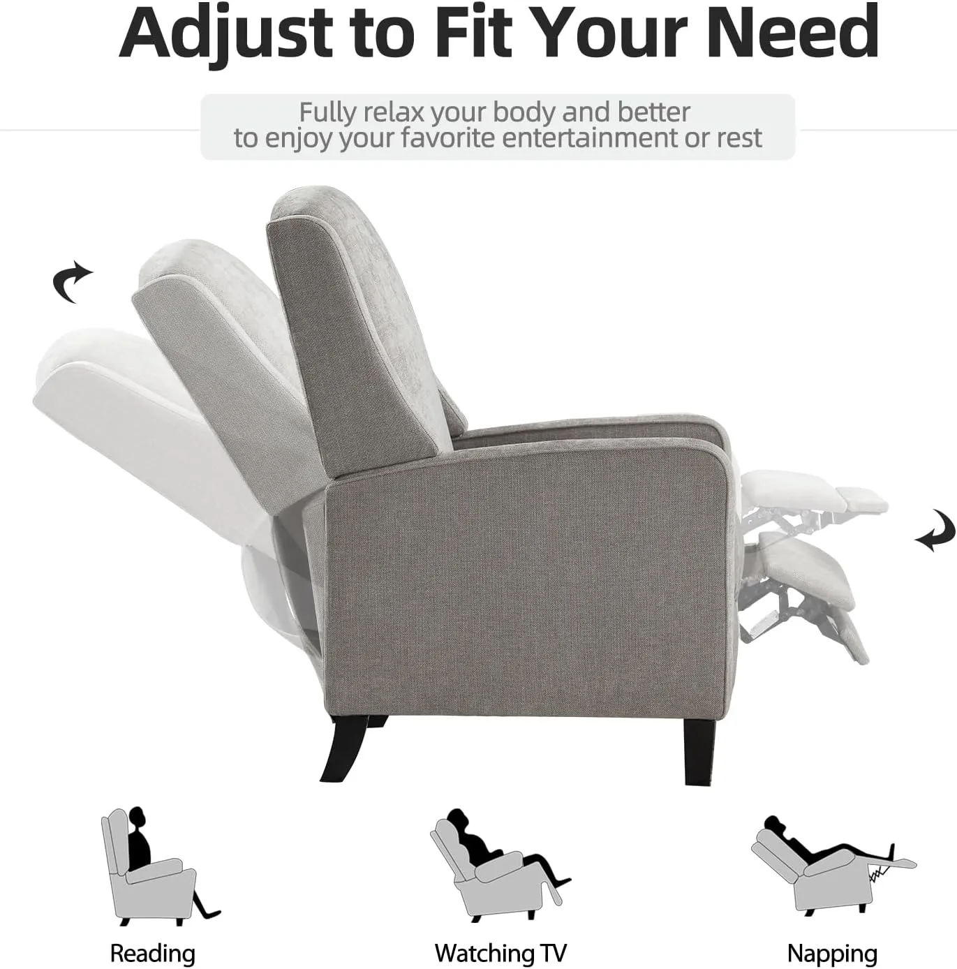 INZOY Wingback Pushback Recliner Chair, Fabric Push Back Recliners with Padded Seat, Mid Century Modern Reclining Chair for Living Room Bedroom, Grey