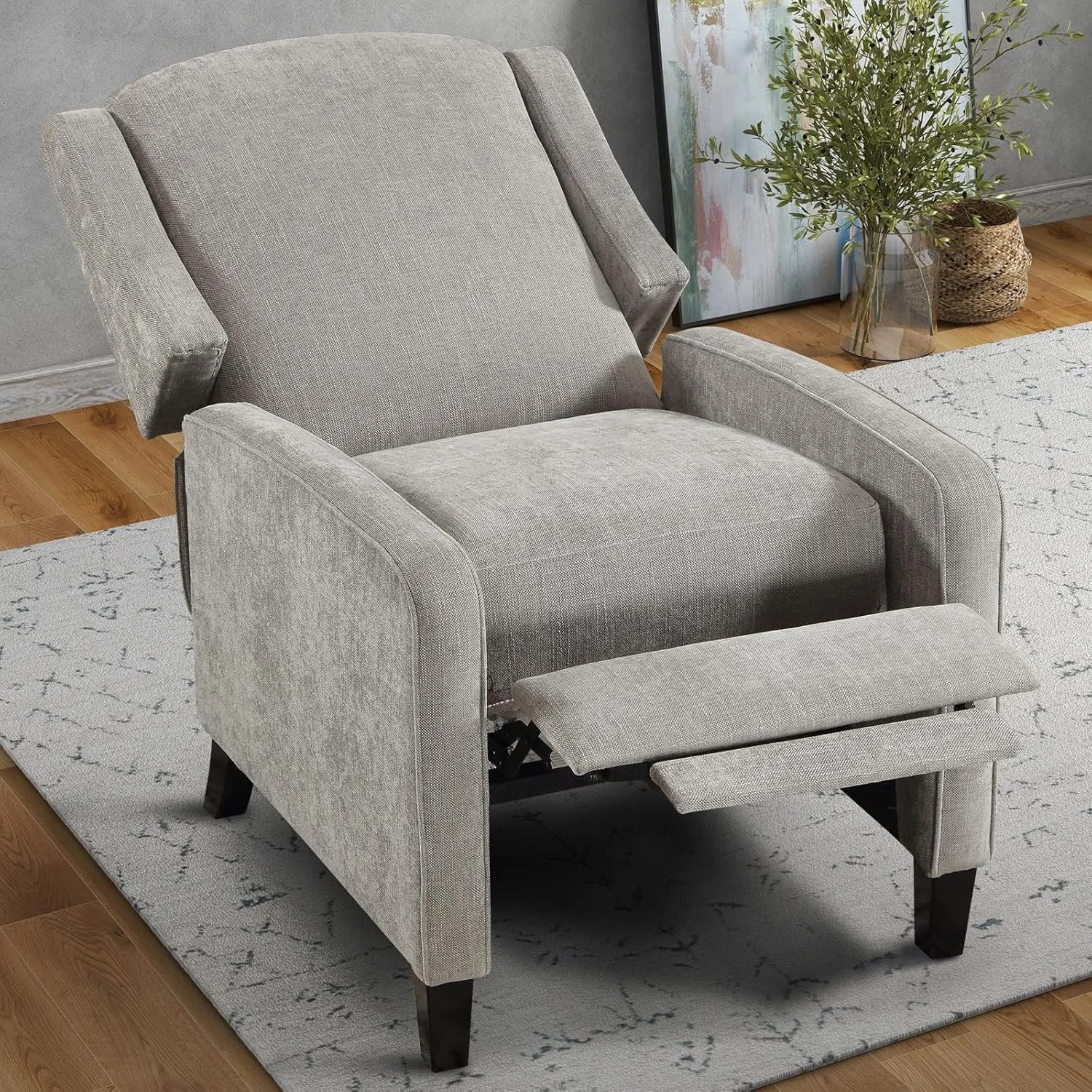 INZOY Wingback Pushback Recliner Chair, Fabric Push Back Recliners with Padded Seat, Mid Century Modern Reclining Chair for Living Room Bedroom, Grey