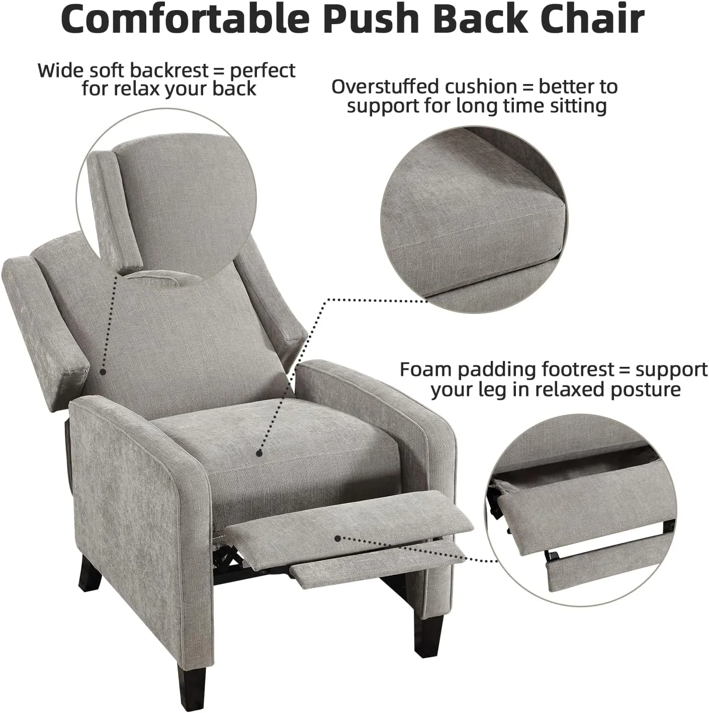 INZOY Wingback Pushback Recliner Chair, Fabric Push Back Recliners with Padded Seat, Mid Century Modern Reclining Chair for Living Room Bedroom, Grey